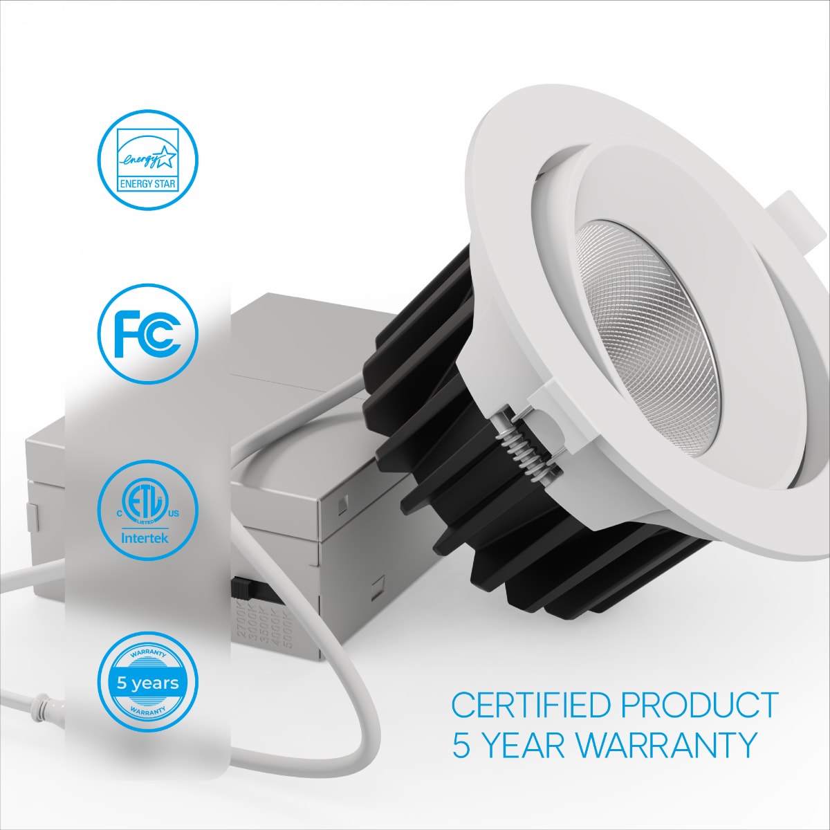 Gimbal 24 Deg Angle 4 Inch 5CCT Selectable White New Construction 12 Watt 960LM 0-10V Dimmable LED Recessed Light 120-277V thumbnail 8