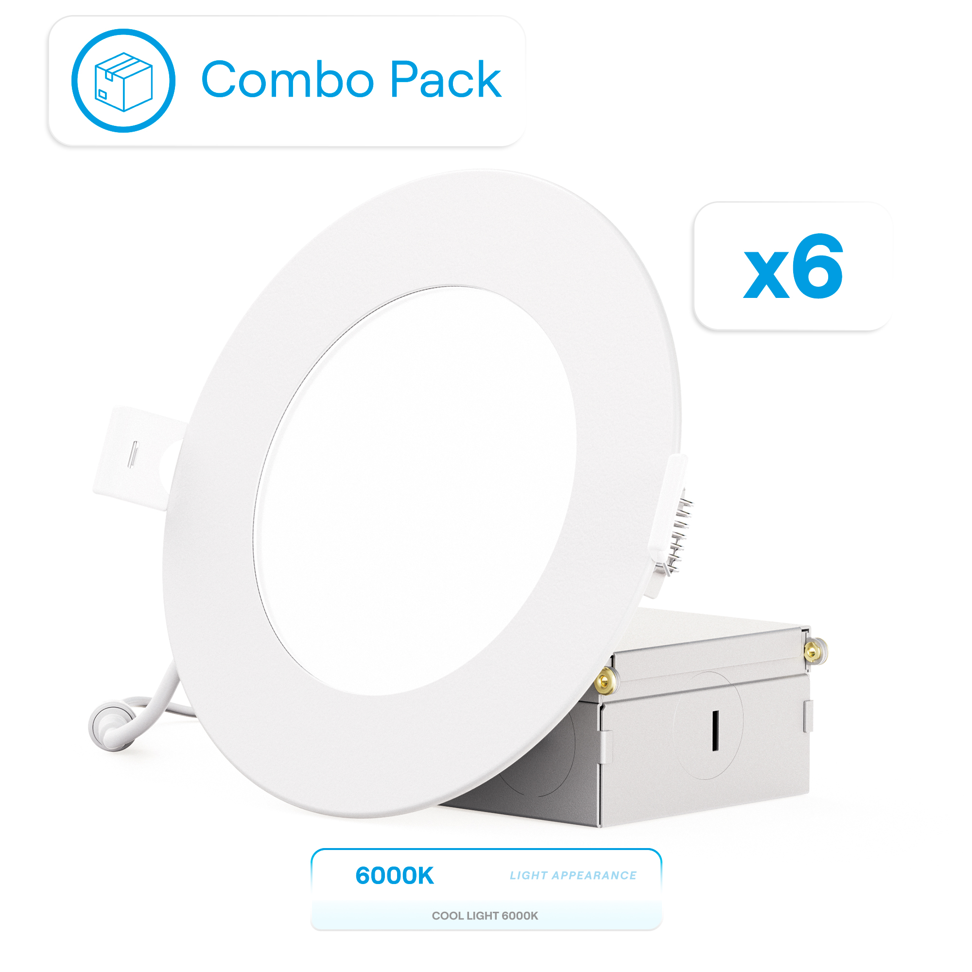4 Inch 6000K Clear White 9W 750 Lumens Ultra-Thin LED Recessed Ceiling Downlight with Junction Box, Flush Mount, Dimmable, Canless, Wet Rated (6 Pack), Easy Install, 75W Eqv, FCC, ETL & Ener
