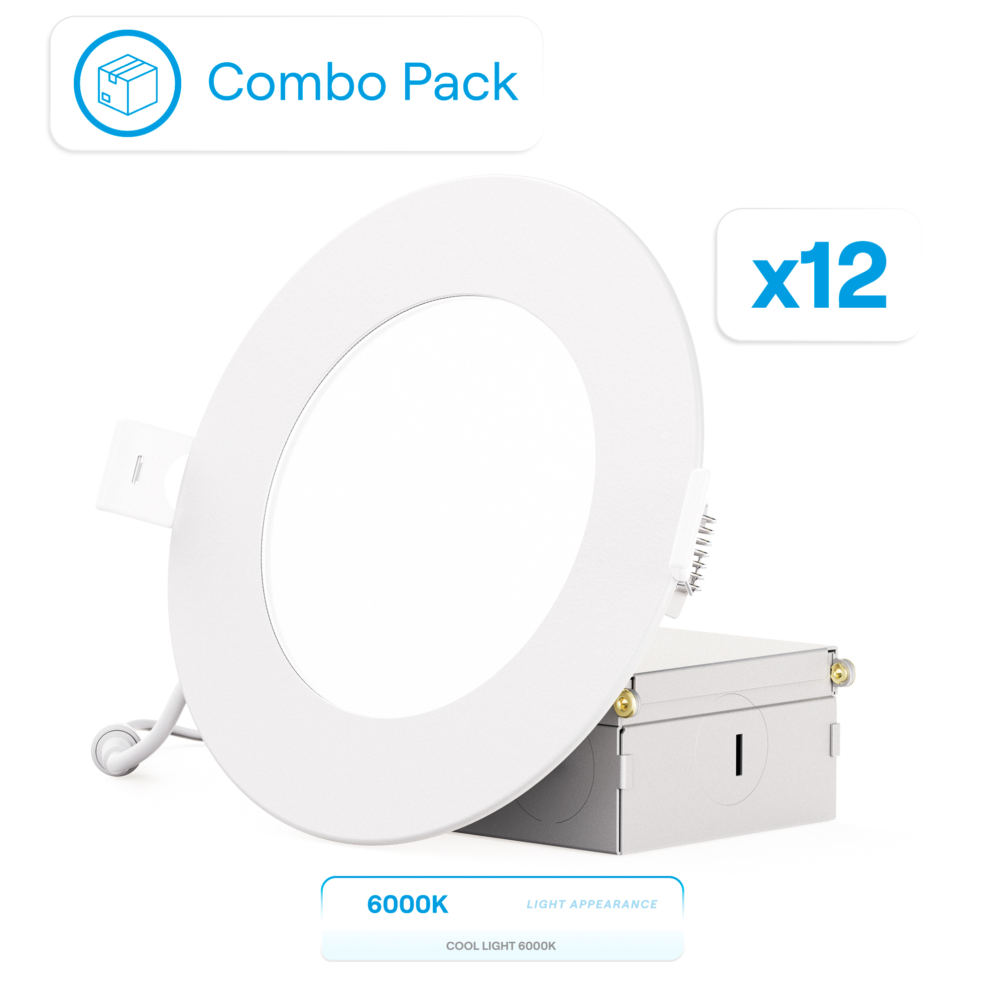 4 Inch 6000K Clear White 9W 750 Lumens Ultra-Thin LED Recessed Ceiling Downlight with Junction Box, Flush Mount, Dimmable, Canless, Wet Rated (12 Pack), Easy Install, 75W Eqv, FCC, ETL & Ene