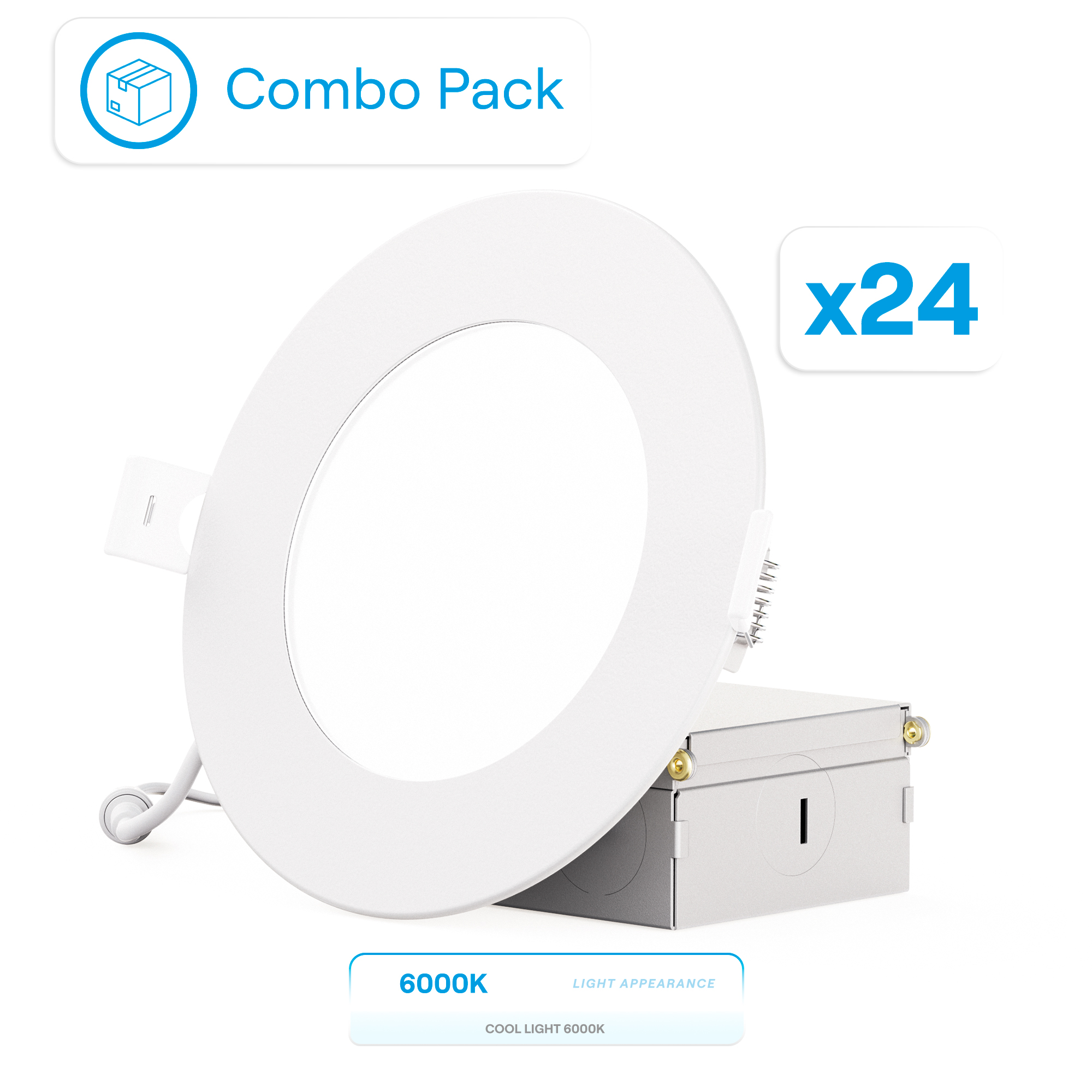 4 Inch 6000K Clear White 9W 750 Lumens Ultra-Thin LED Recessed Ceiling Downlight with Junction Box, Flush Mount, Dimmable, Canless, Wet Rated (24 Pack), Easy Install, 75W Eqv, FCC, ETL & Ene