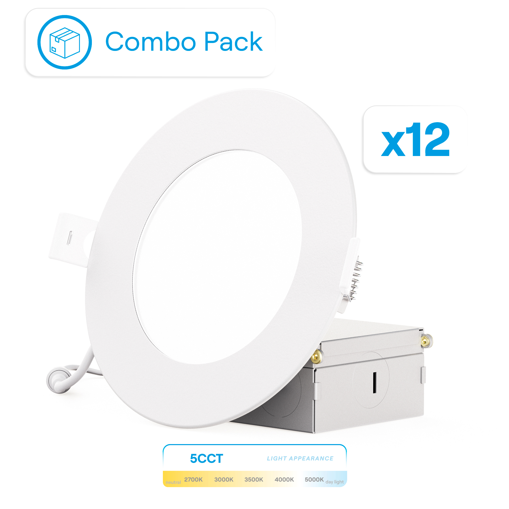 4 Inch 5CCT Selectable 9W 750 Lumens Ultra-Thin LED Recessed Ceiling Downlightwith Junction Box, Flush Mount, Dimmable, Canless, Wet Rated (12 Pack), Easy Install, 75W Eqv, FCC, ETL & Energy
