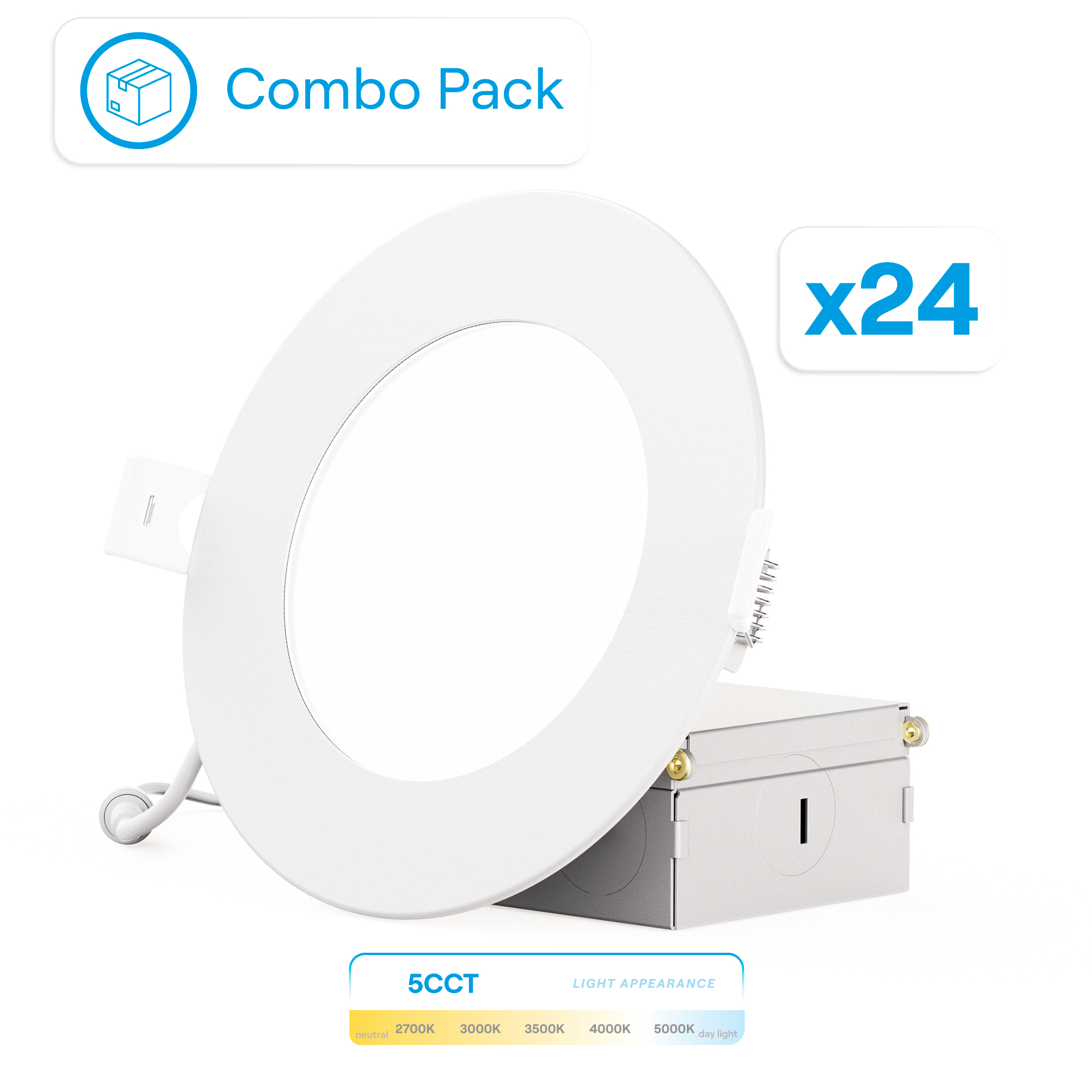 4 Inch 5CCT Selectable 9W 750 Lumens Ultra-Thin LED Recessed Ceiling Downlightwith Junction Box, Flush Mount, Dimmable, Canless, Wet Rated (24 Pack), Easy Install, 75W Eqv, FCC, ETL & Energy