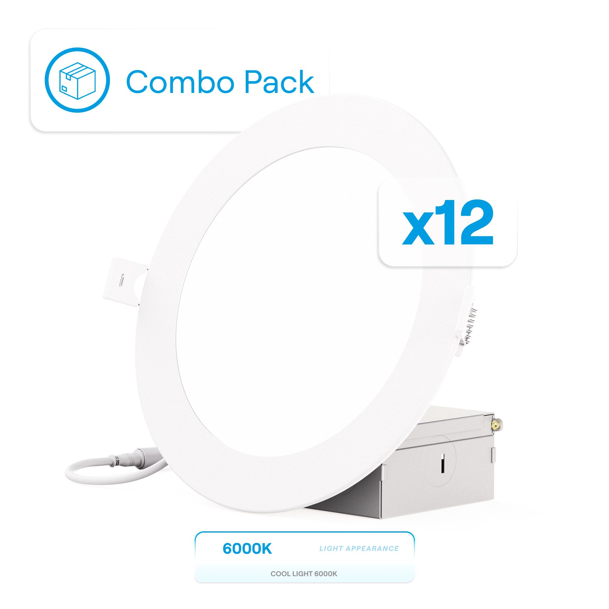 6 Inch 6000K Clear White 12W 1050 Lumens Ultra-Thin LED Recessed Ceiling Downlight with Junction Box, Flush Mount, Dimmable, Canless, Wet Rated (12 Pack), Easy Install, 75W Eqv, FCC, ETL & E