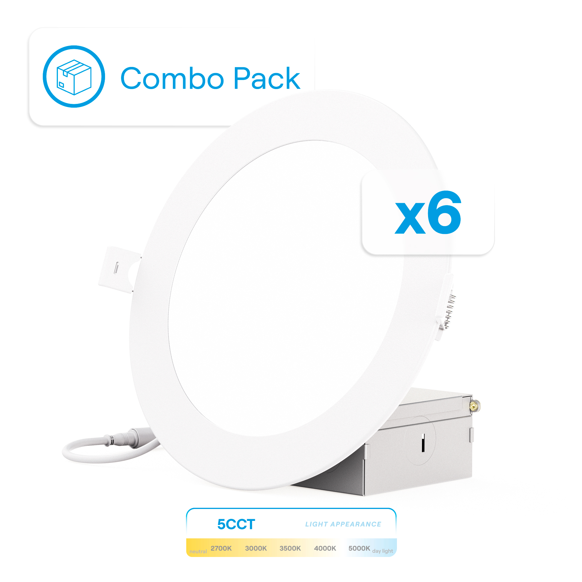 6 Inch 5CCT Selectable 12W 1050 Lumens Ultra-Thin LED Recessed Ceiling Downlightwith Junction Box, Flush Mount, Dimmable, Canless, Wet Rated, Easy Install, 75W Eqv, FCC, ETL & Energy Star