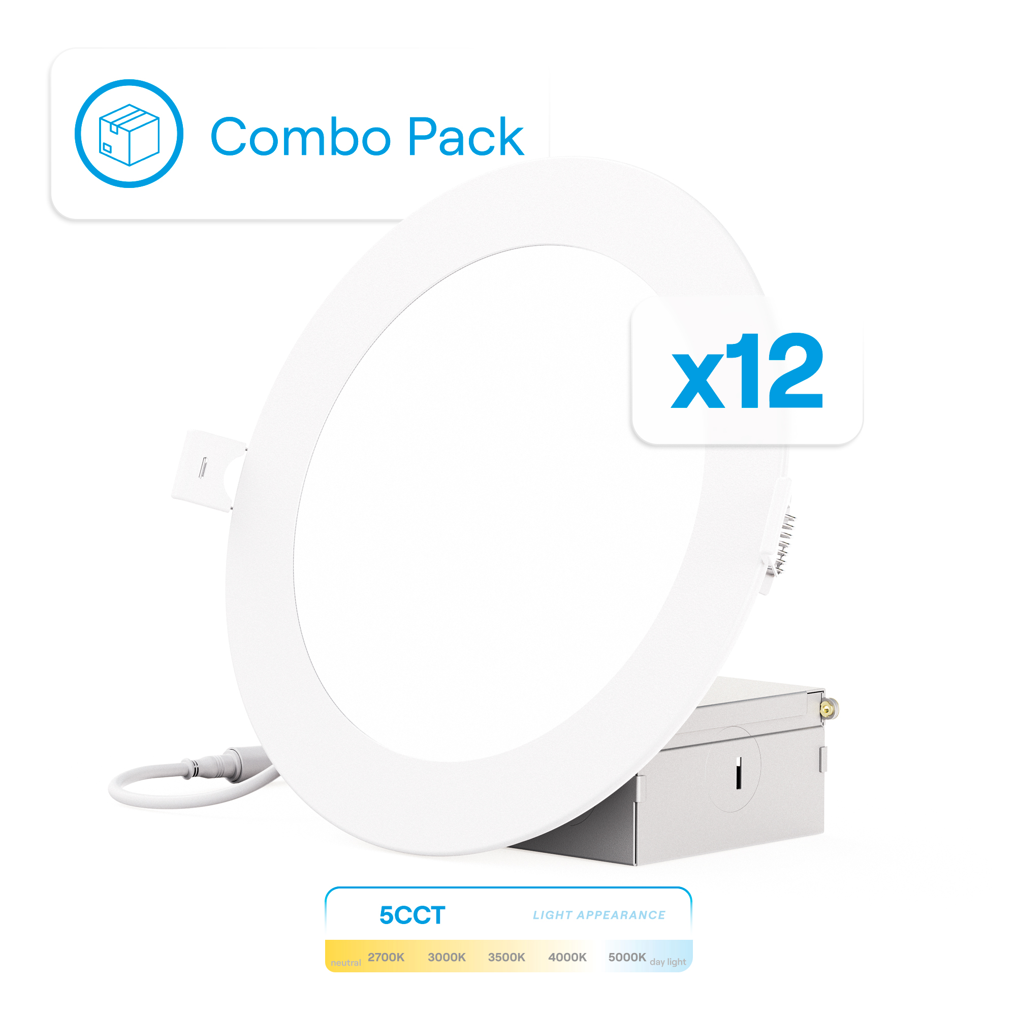 6 Inch 5CCT Selectable 12W 1050 Lumens Ultra-Thin LED Recessed Ceiling Downlightwith Junction Box, Flush Mount, Dimmable, Canless, Wet Rated (12 Pack), Easy Install, 75W Eqv, FCC, ETL & Ener