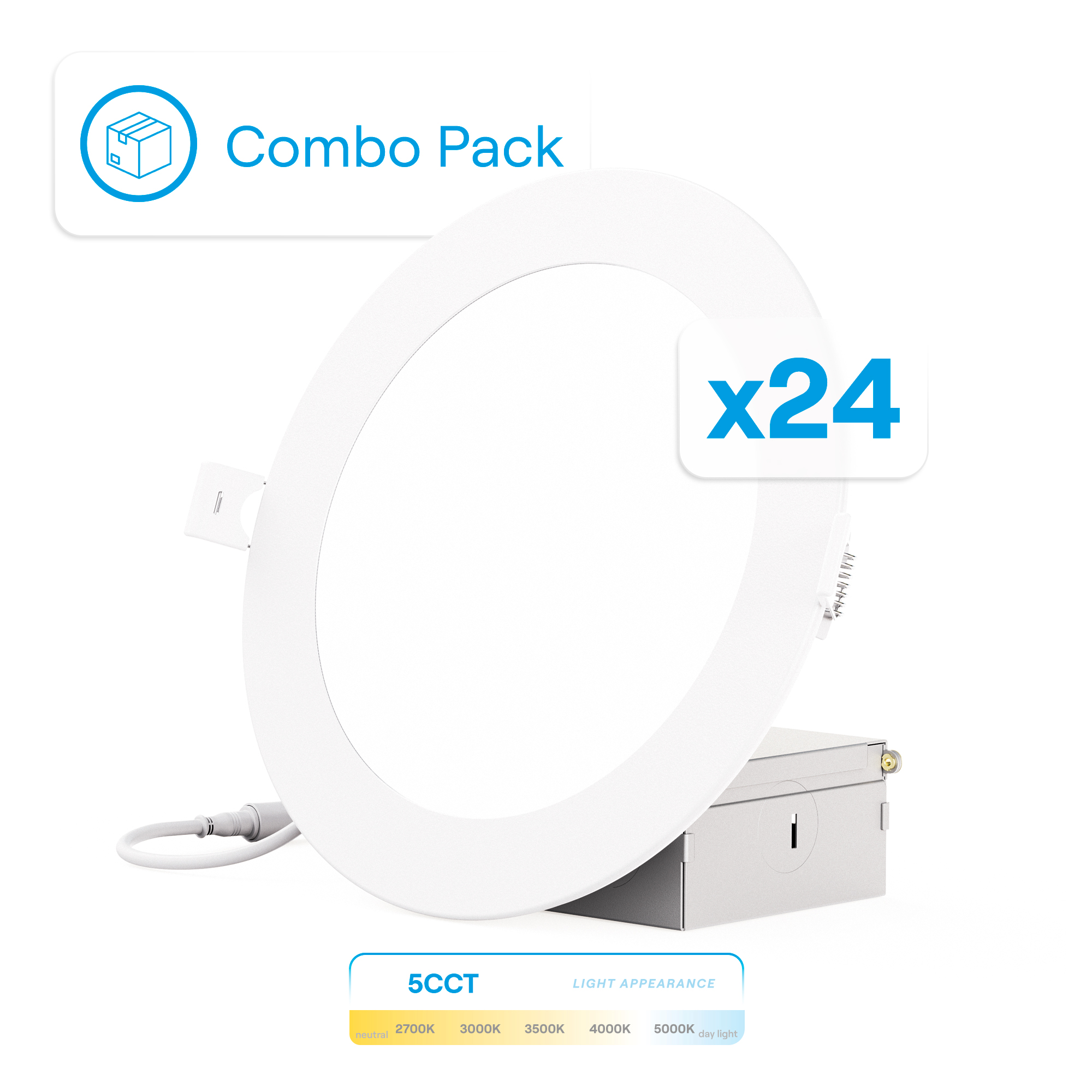6 Inch 5CCT Selectable 12W 1050 Lumens Ultra-Thin LED Recessed Ceiling Downlightwith Junction Box, Flush Mount, Dimmable, Canless, Wet Rated (24 Pack), Easy Install, 75W Eqv, FCC, ETL & Ener