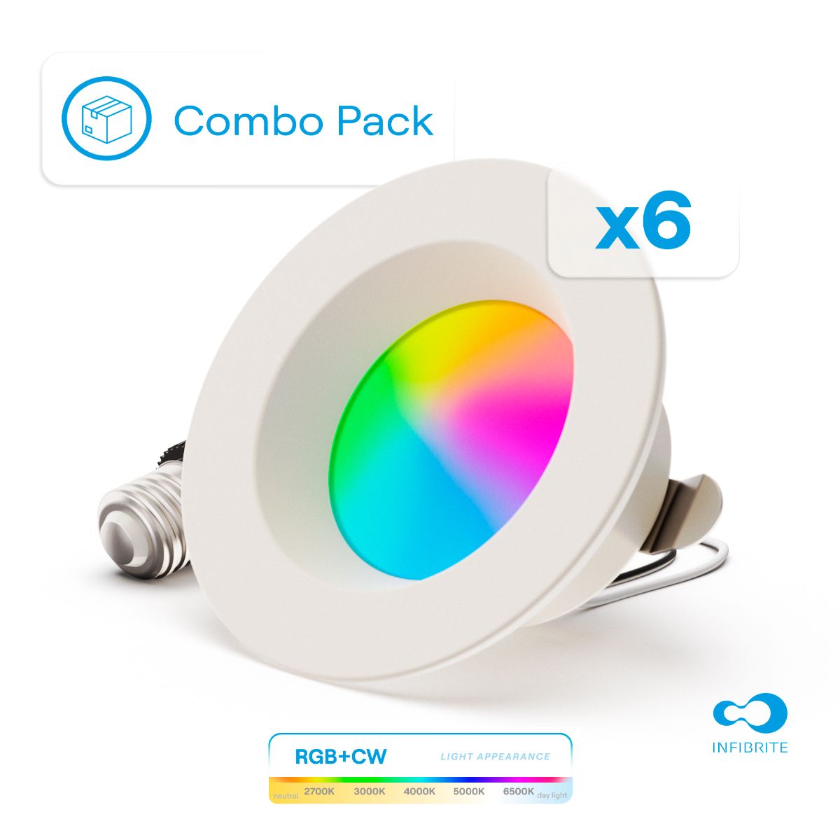 4 Inch Smart Recessed Light, Color Changing and Tunable White, WiFi Retrofit LED Downlight E26 Base, No Hub, Works with Alexa and Google, Dimmable, 810LM, RGBCW, Wet Rated (6 Pack)