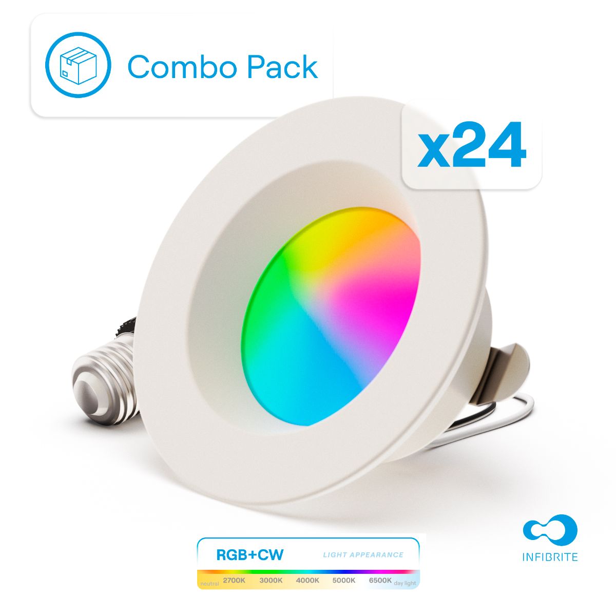4 Inch Smart Recessed Light, Color Changing and Tunable White, WiFi Retrofit LED Downlight E26 Base, No Hub, Works with Alexa and Google, Dimmable, 810LM, RGBCW, Wet Rated (24 Pack)