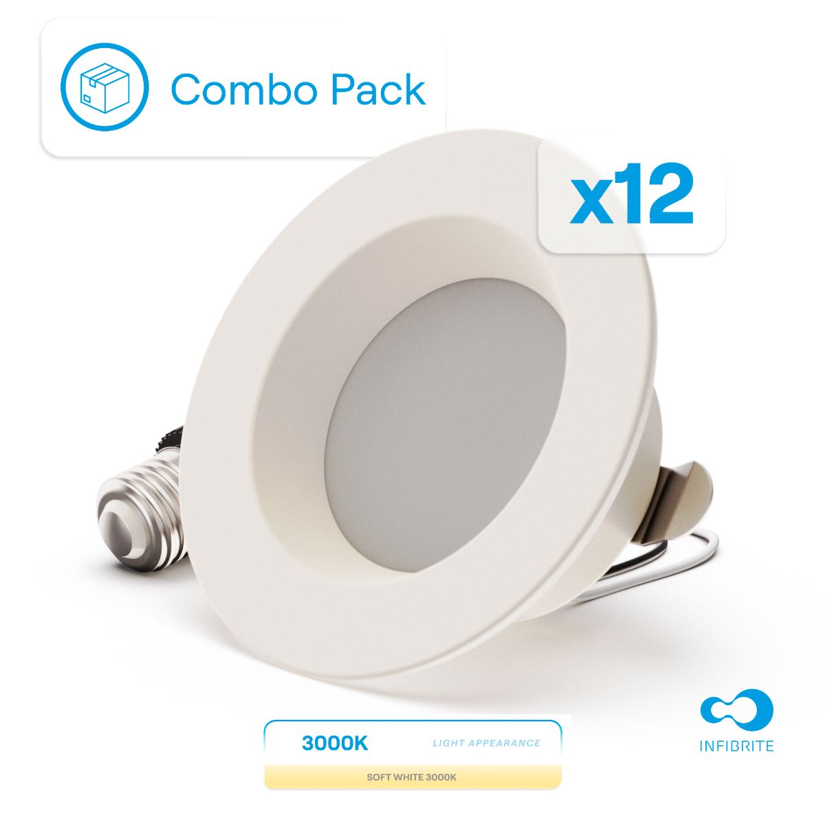4 Inch 3000K Recessed Retrofit LED, Dimmable, Wet Rated, Ceiling Light Kit (Includes E26 Connector), Warm White, 9W, 750LM, Sleek Series (12 Pack)