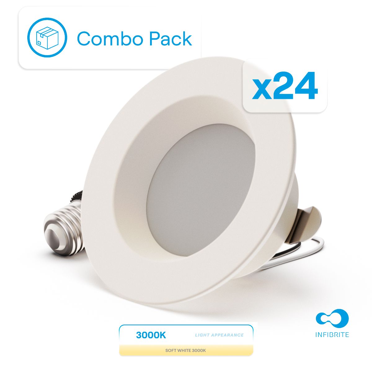 4 Inch 3000K Recessed Retrofit LED, Dimmable, Wet Rated, Ceiling Light Kit (Includes E26 Connector), Warm White, 9W, 750LM, Sleek Series (24 Pack)