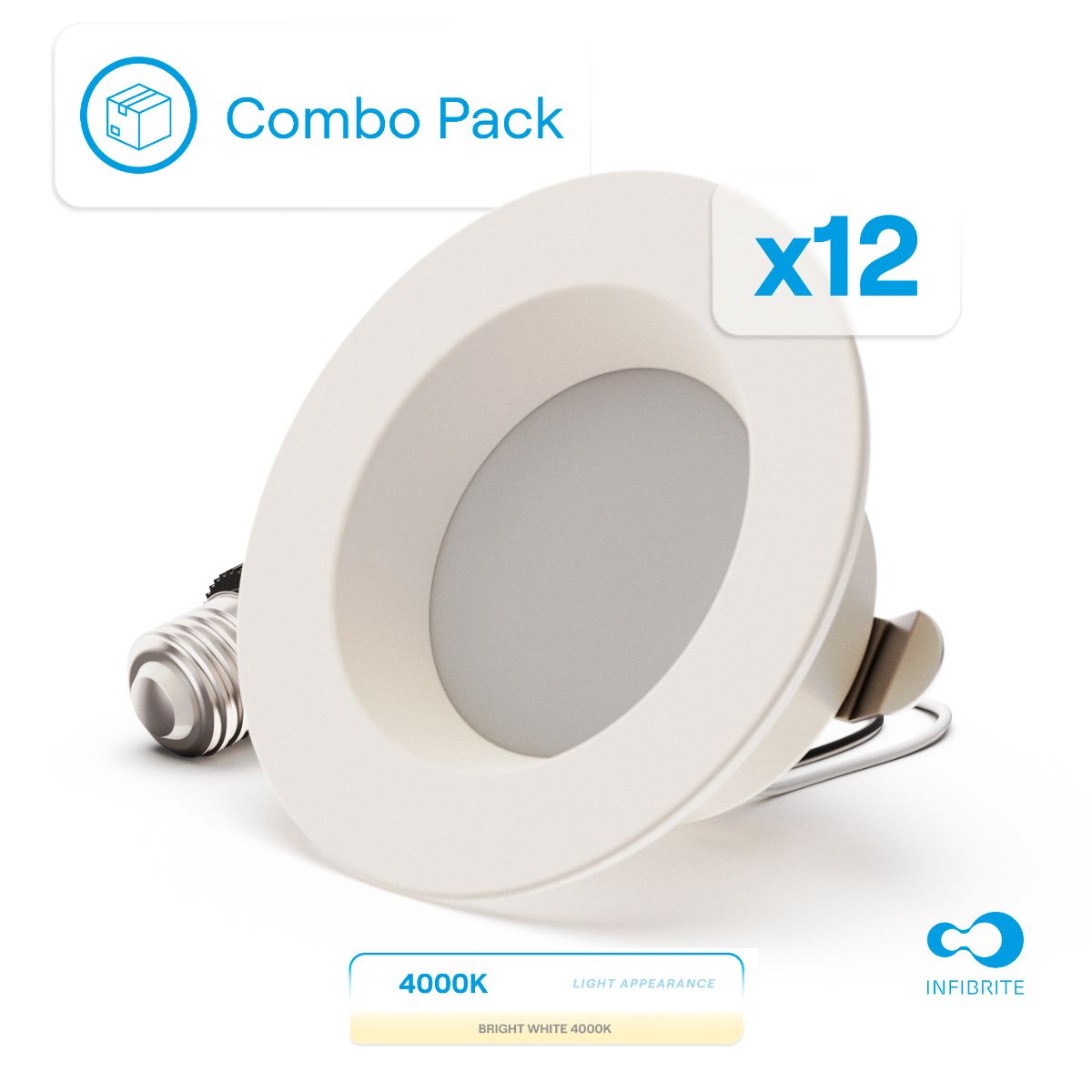 4 Inch 4000K Recessed Retrofit LED, Dimmable, Wet Rated, Ceiling Light Kit (Includes E26 Connector), Cool White, 9W, 750LM, Sleek Series (12 Pack)