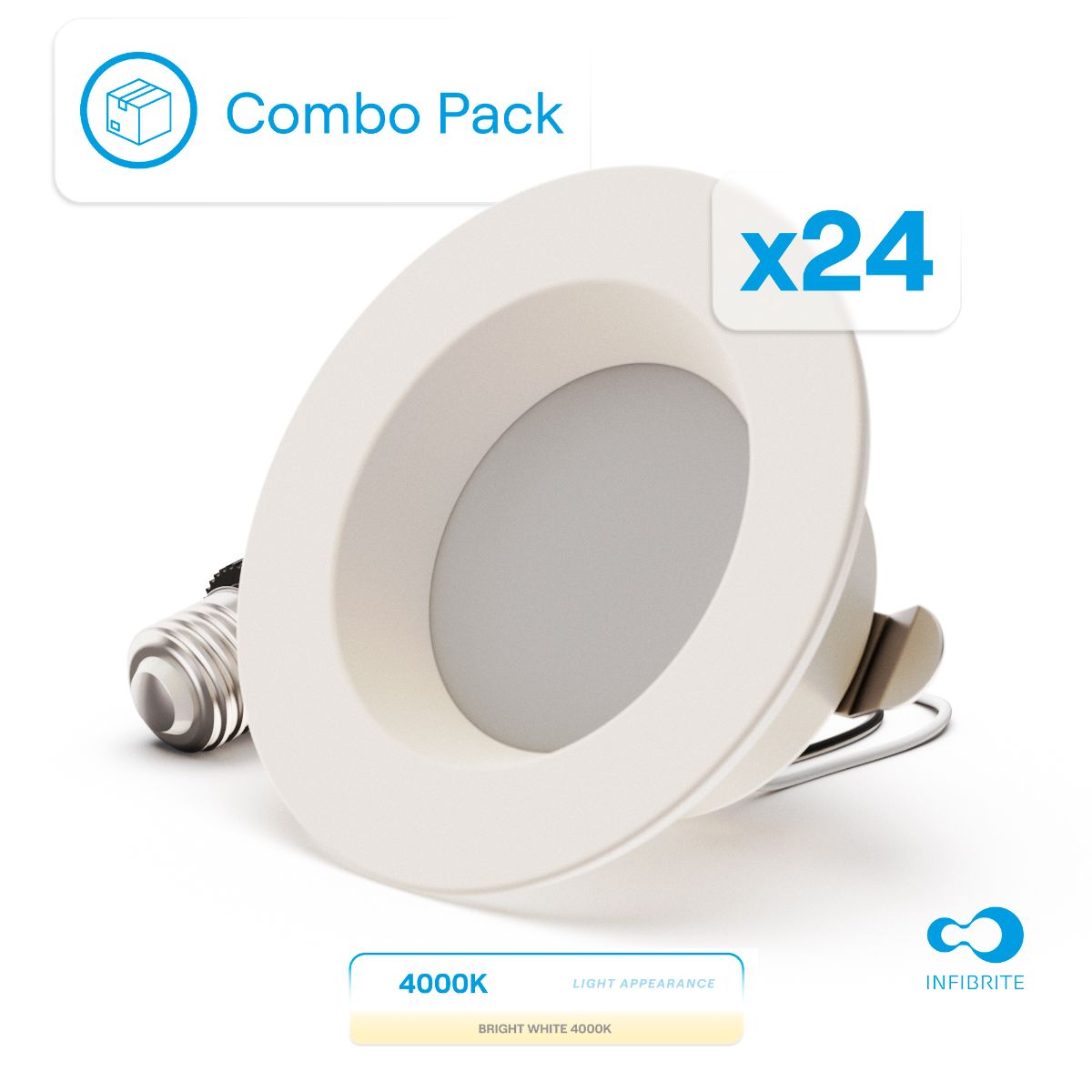 4 Inch 4000K Recessed Retrofit LED, Dimmable, Wet Rated, Ceiling Light Kit (Includes E26 Connector), Cool White, 9W, 750LM, Sleek Series (24 Pack)