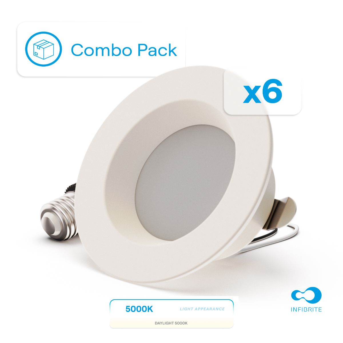 4 Inch 5000K Recessed Retrofit LED, Dimmable, Wet Rated, Ceiling Light Kit (Includes E26 Connector), Daylight, 9W, 750LM, Sleek Series (6 Pack)