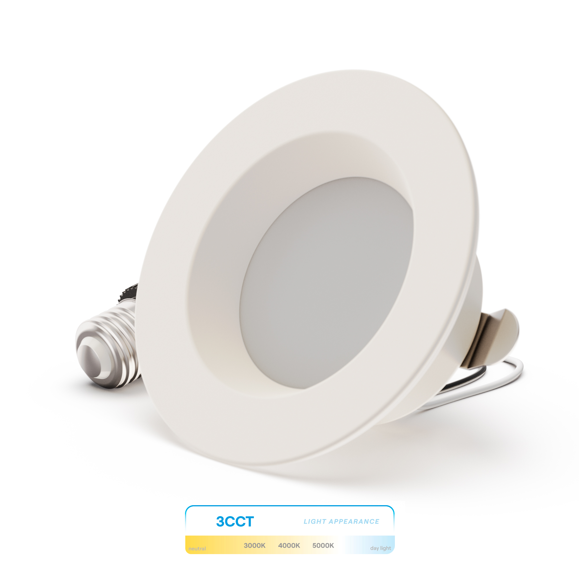 4 Inch 3CCT Selectable Recessed Retrofit LED, Dimmable, Wet Rated, Ceiling Light Kit (Includes E26 Connector), 9W, 750LM, Sleek Series