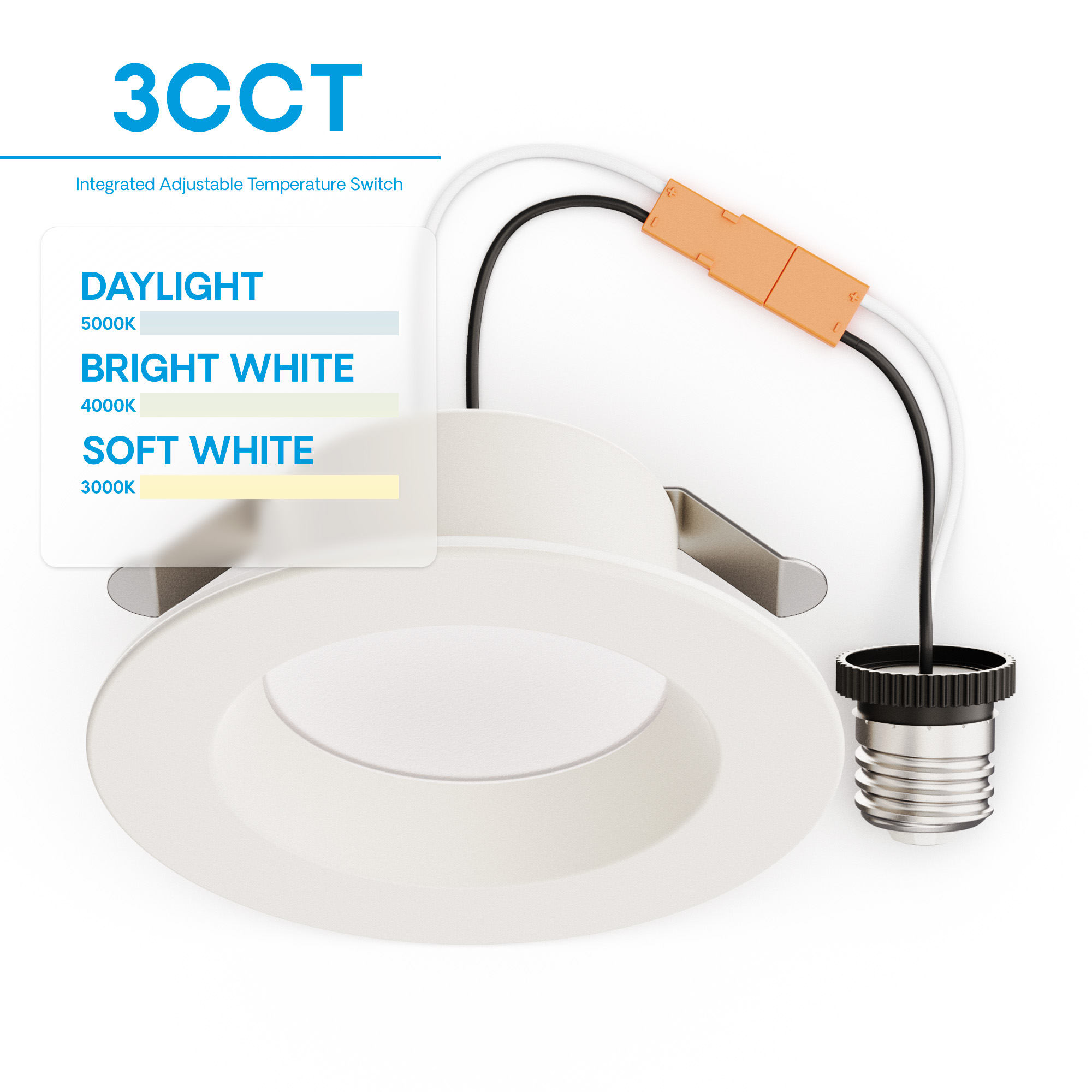 4 Inch 3CCT Selectable Recessed Retrofit LED, Dimmable, Wet Rated, Ceiling Light Kit (Includes E26 Connector), 9W, 750LM, Sleek Series
