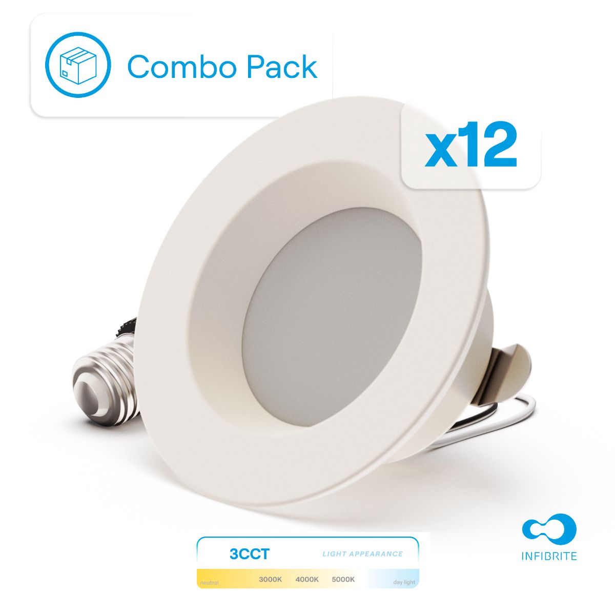 4 Inch 3CCT Selectable Recessed Retrofit LED, Dimmable, Wet Rated, Ceiling Light Kit (Includes E26 Connector), 9W, 750LM, Sleek Series (12 Pack)