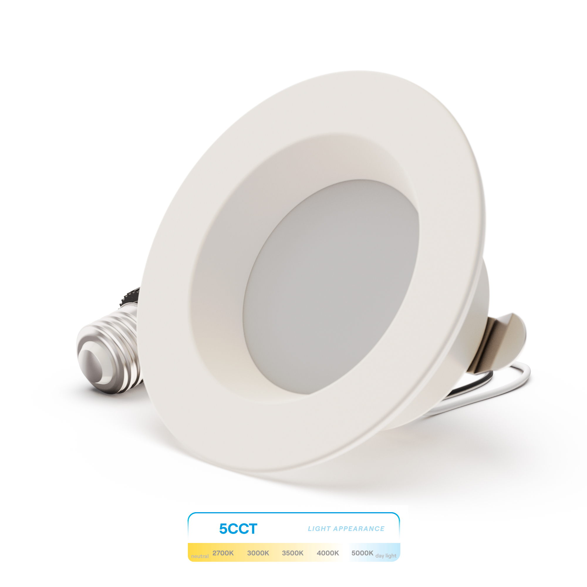 4 Inch 5CCT Selectable Recessed Retrofit LED, Dimmable, Wet Rated, Ceiling Light Kit (Includes E26 Connector), 9W, 750LM, Sleek Series