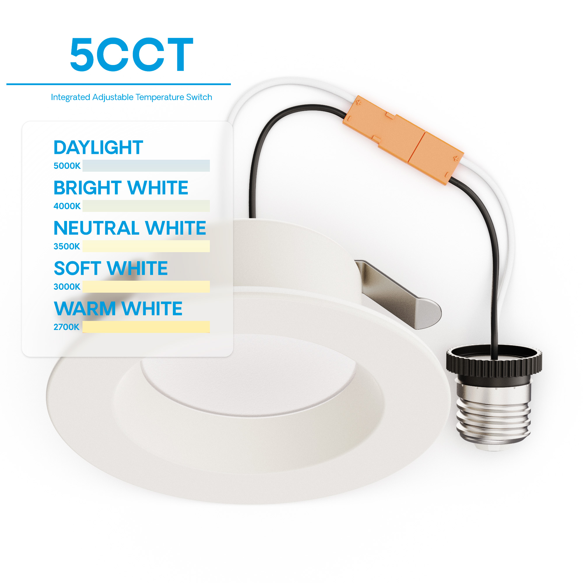 4 Inch 5CCT Selectable Recessed Retrofit LED, Dimmable, Wet Rated, Ceiling Light Kit (Includes E26 Connector), 9W, 750LM, Sleek Series