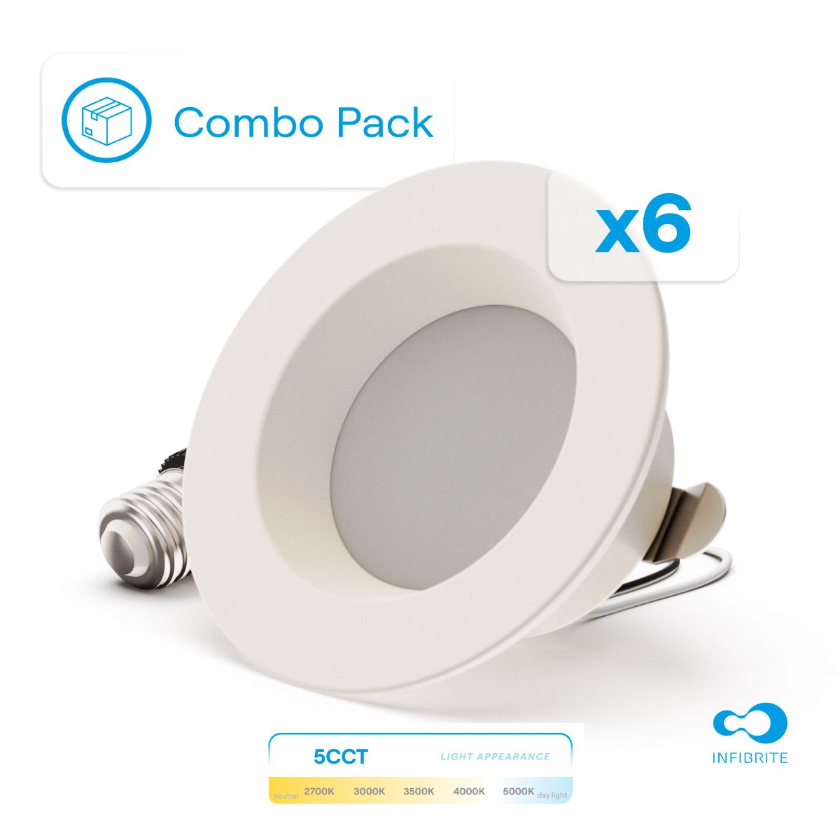 4 Inch 5CCT Selectable Recessed Retrofit LED, Dimmable, Wet Rated, Ceiling Light Kit (Includes E26 Connector), 9W, 750LM, Sleek Series (6 Pack)
