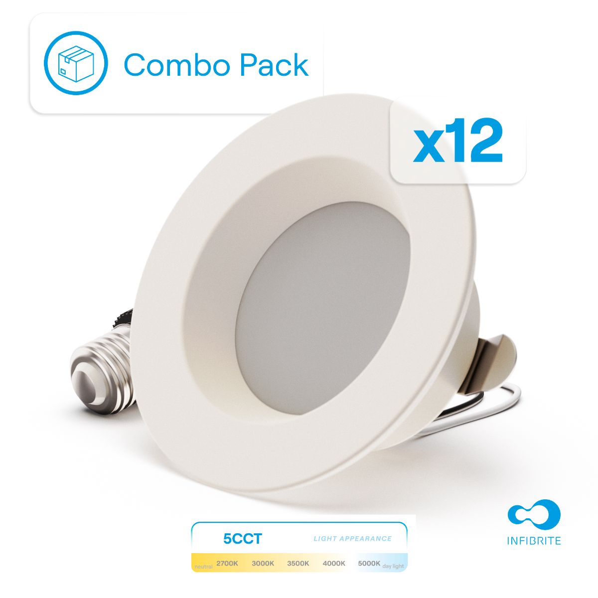 4 Inch 5CCT Selectable Recessed Retrofit LED, Dimmable, Wet Rated, Ceiling Light Kit (Includes E26 Connector), 9W, 750LM, Sleek Series (12 Pack)