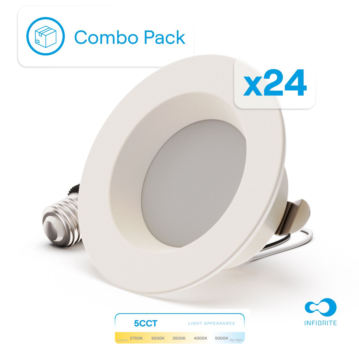 4 Inch 5CCT Selectable Recessed Retrofit LED, Dimmable, Wet Rated, Ceiling Light Kit (Includes E26 Connector), 9W, 750LM, Sleek Series (24 Pack)