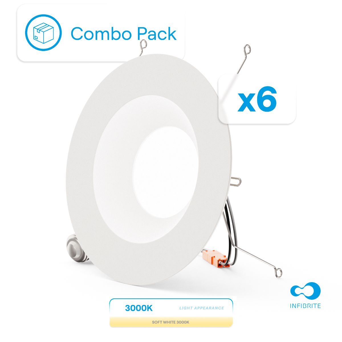 5 & 6 Inch 3000K Recessed Retrofit LED, Dimmable, Wet Rated, Ceiling Light Kit (Includes E26 Connector), Warm White, 12W, 1100LM, Sleek Series (6 Pack)