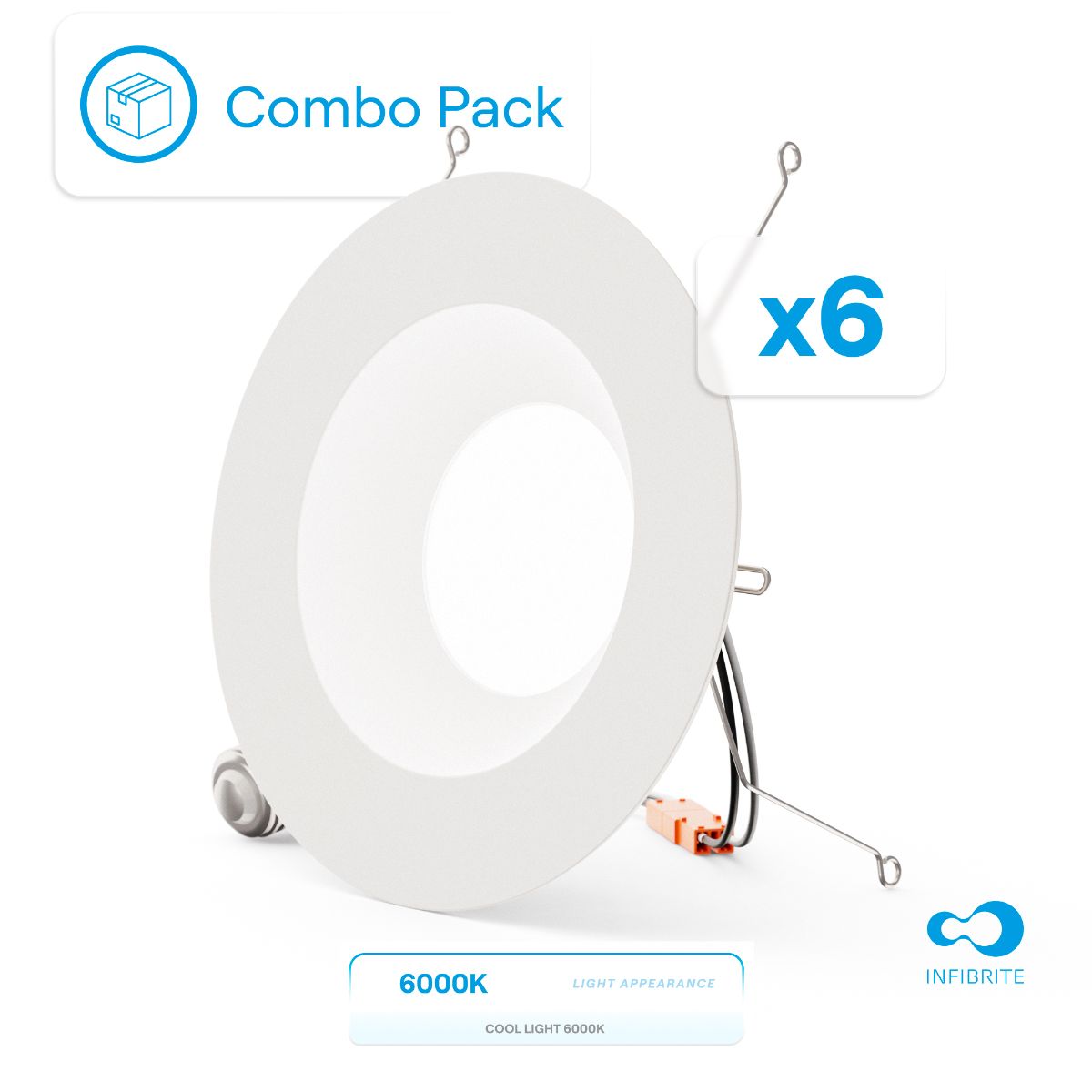 5 & 6 Inch 6000K Recessed Retrofit LED, Dimmable, Wet Rated, Ceiling Light Kit (Includes E26 Connector), Clear White, 12W, 1100LM, Sleek Series (6 Pack)