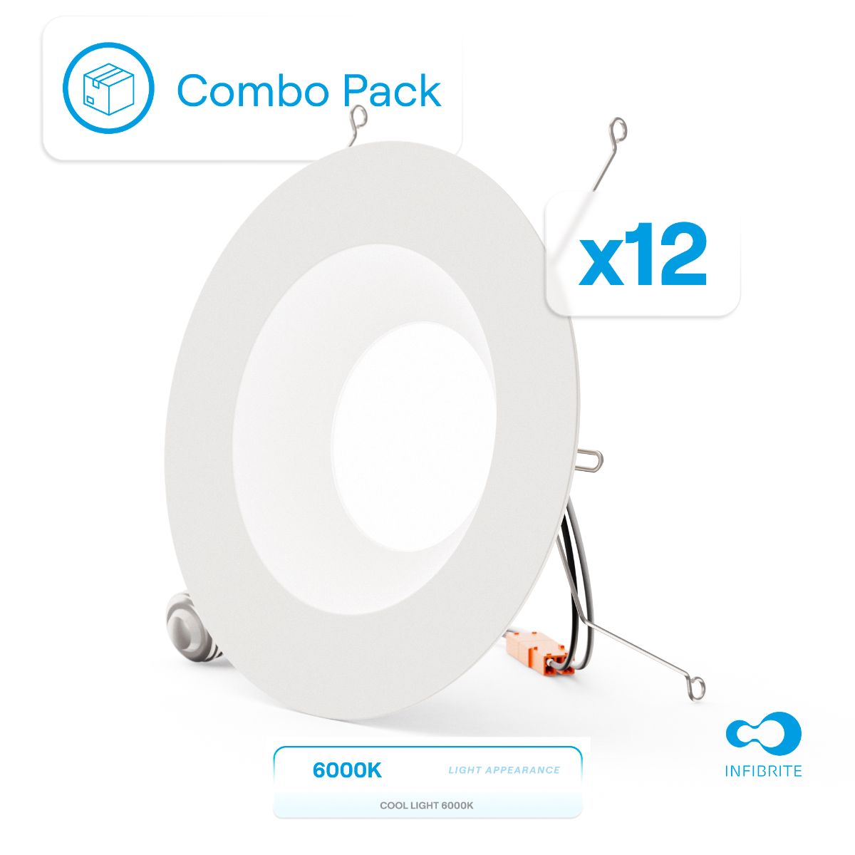 5 & 6 Inch 6000K Recessed Retrofit LED, Dimmable, Wet Rated, Ceiling Light Kit (Includes E26 Connector), Clear White, 12W, 1100LM, Sleek Series (12 Pack)