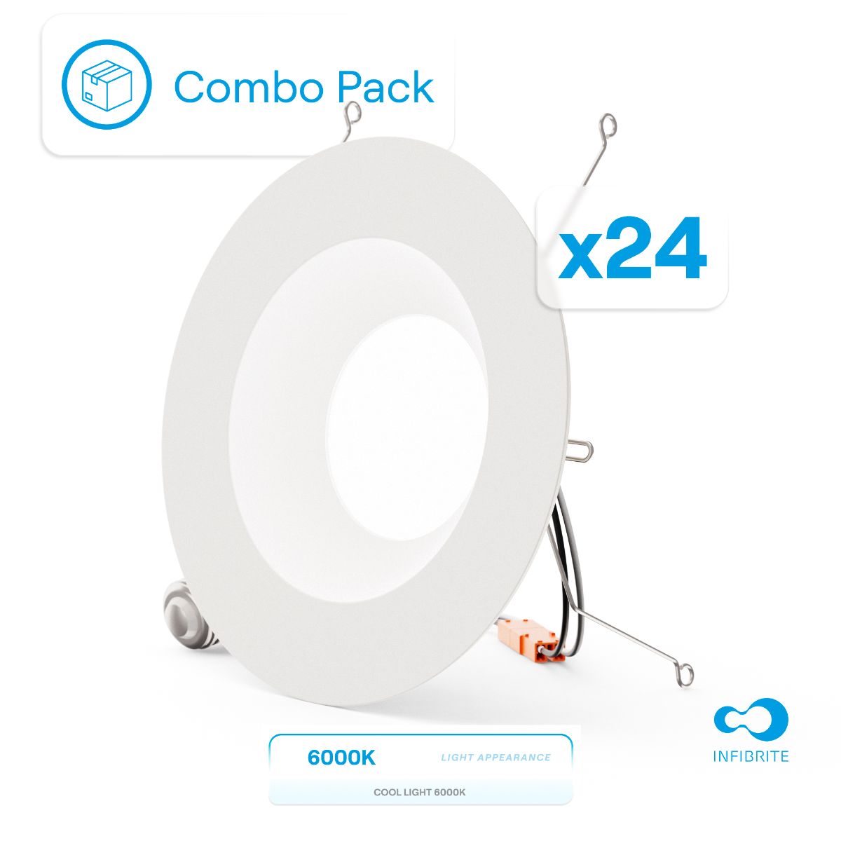 5 & 6 Inch 6000K Recessed Retrofit LED, Dimmable, Wet Rated, Ceiling Light Kit (Includes E26 Connector), Clear White, 12W, 1100LM, Sleek Series (24 Pack)