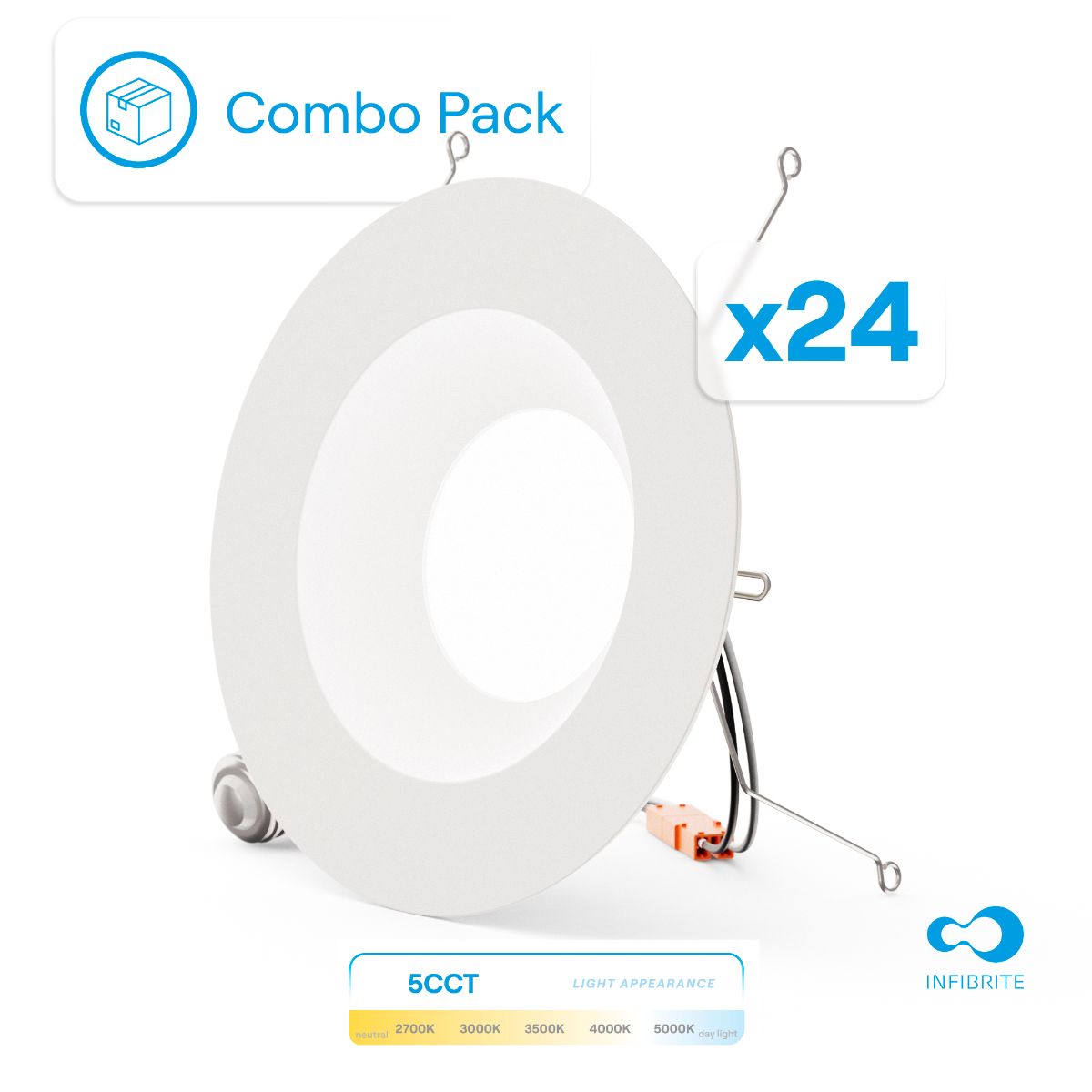 5 & 6 Inch 5CCT Selectable Recessed Retrofit LED, Dimmable, Wet Rated, Ceiling Light Kit (Includes E26 Connector), 12W, 1100LM, Sleek Series (24 Pack)