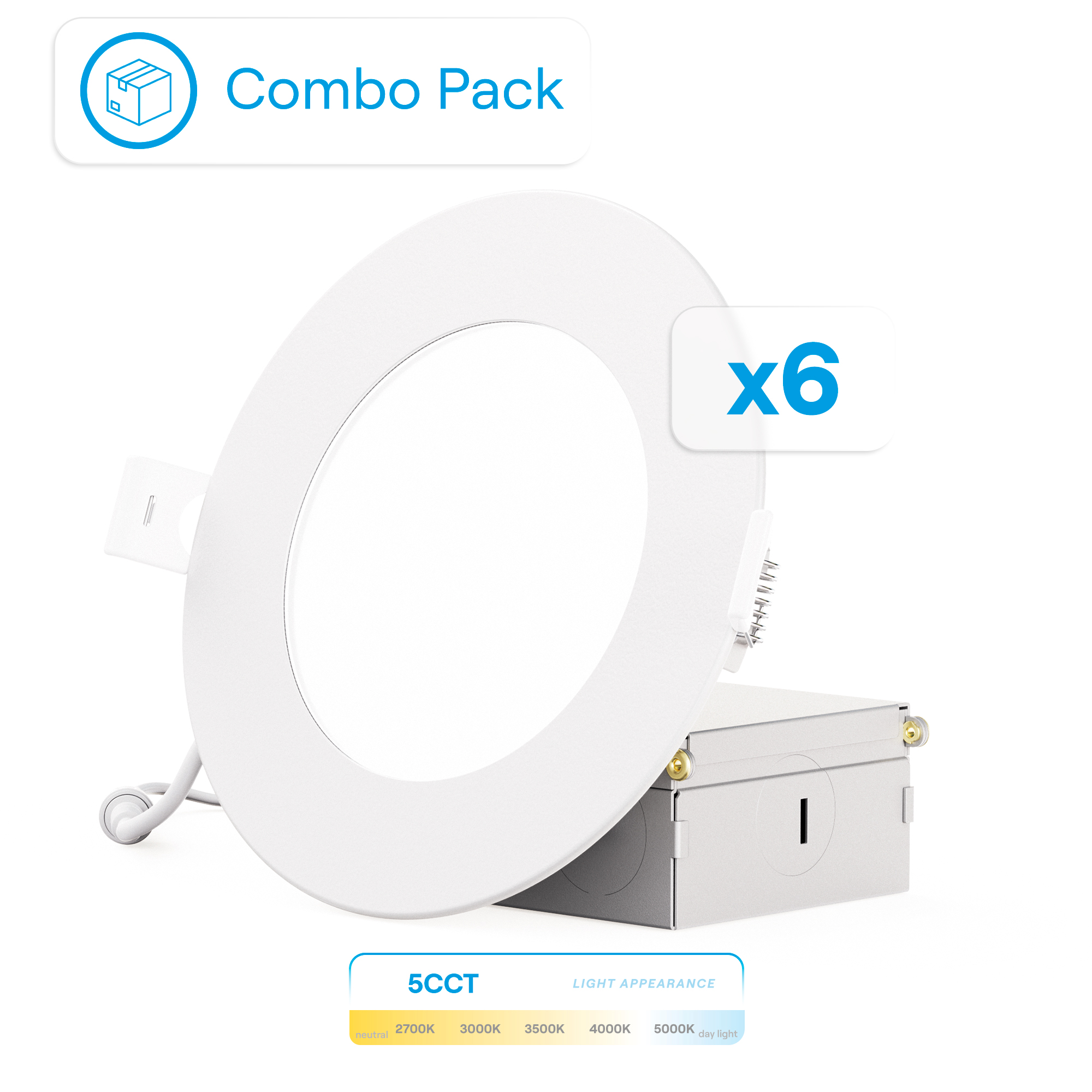 4 Inch 5CCT Selectable White New Construction 9 Watt 850LM 0-10V Dimmable LED Light 120-277V (6 Pack)
