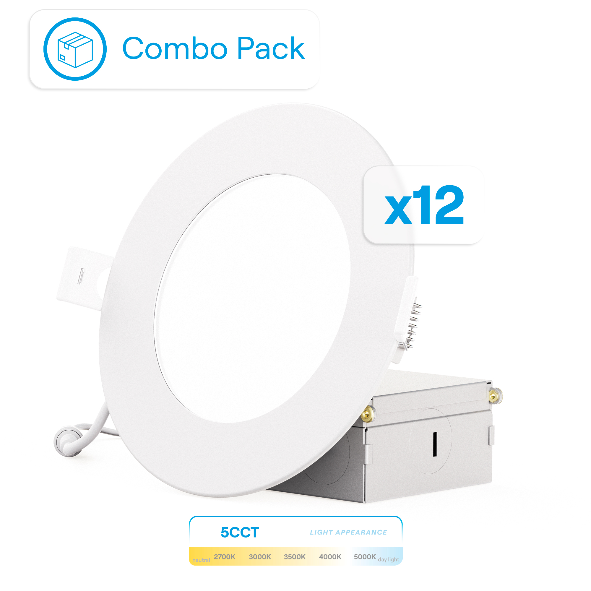 4 Inch Ultra-Thin Recessed LED Downlight, 9W 750LM, 5CCT Selectable, Wet Rated, 0-10V Dimmable, ETL, FCC, Energy Star, (12 Pack)
