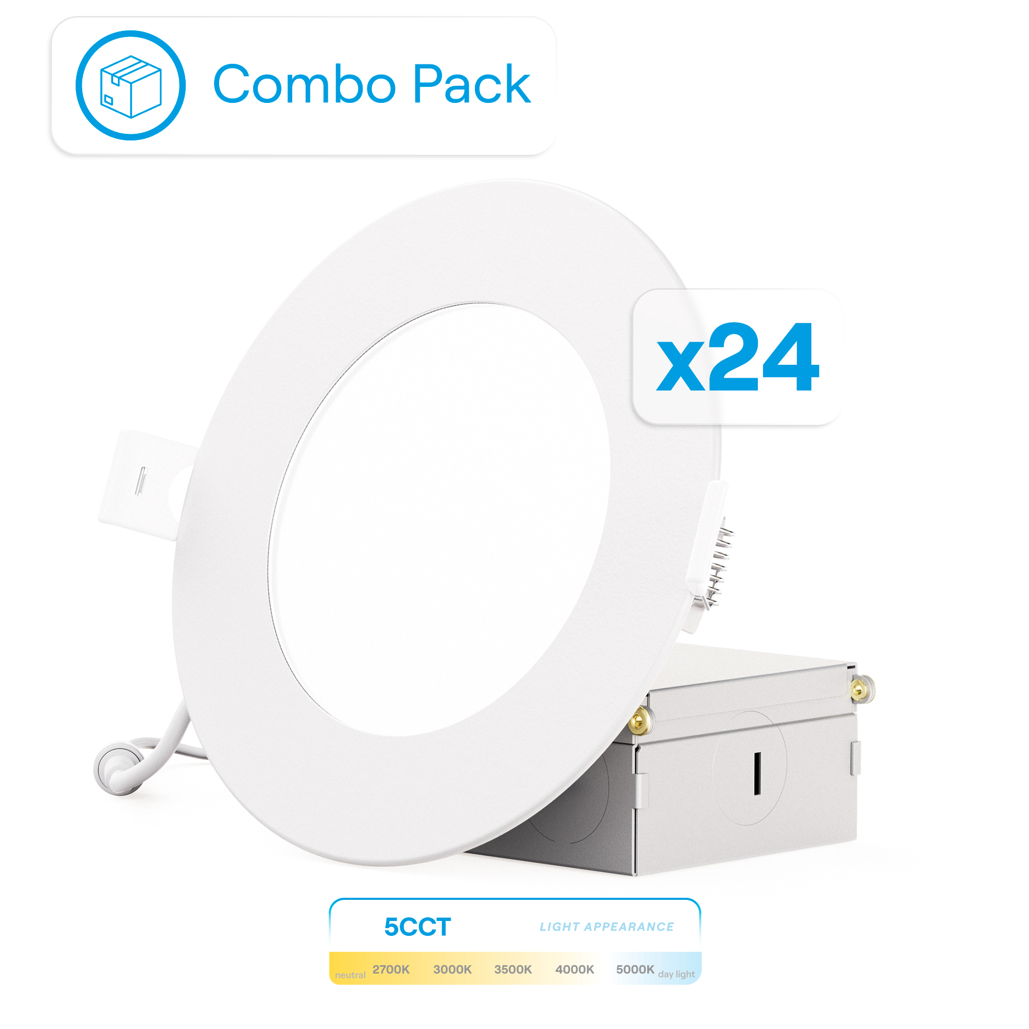 4 Inch 5CCT Selectable White New Construction 9 Watt 850LM 0-10V Dimmable LED Light 120-277V (24 Pack)