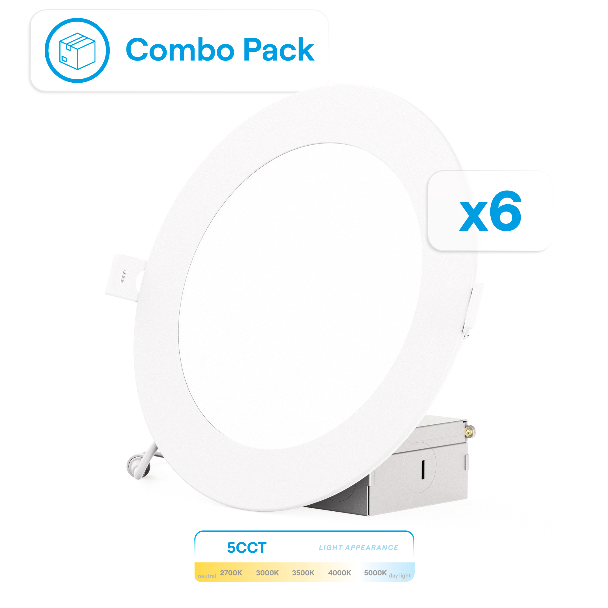 6 Inch 5CCT Selectable White New Construction 12 Watt 1200LM 0-10V Dimmable LED Light 120-277V (6 Pack)