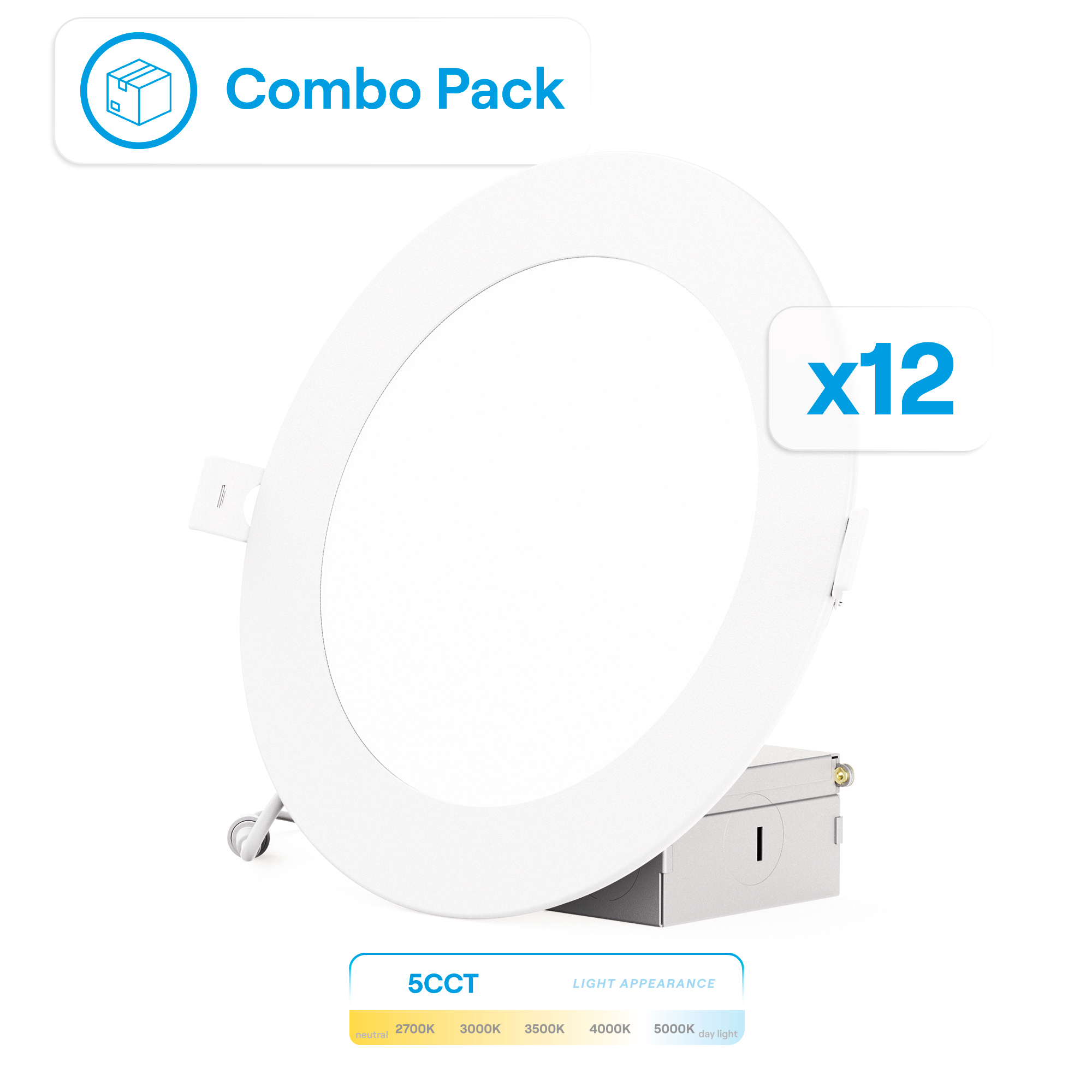 6 Inch 5CCT Selectable White New Construction 12 Watt 1200LM 0-10V Dimmable LED Light 120-277V (12 Pack)