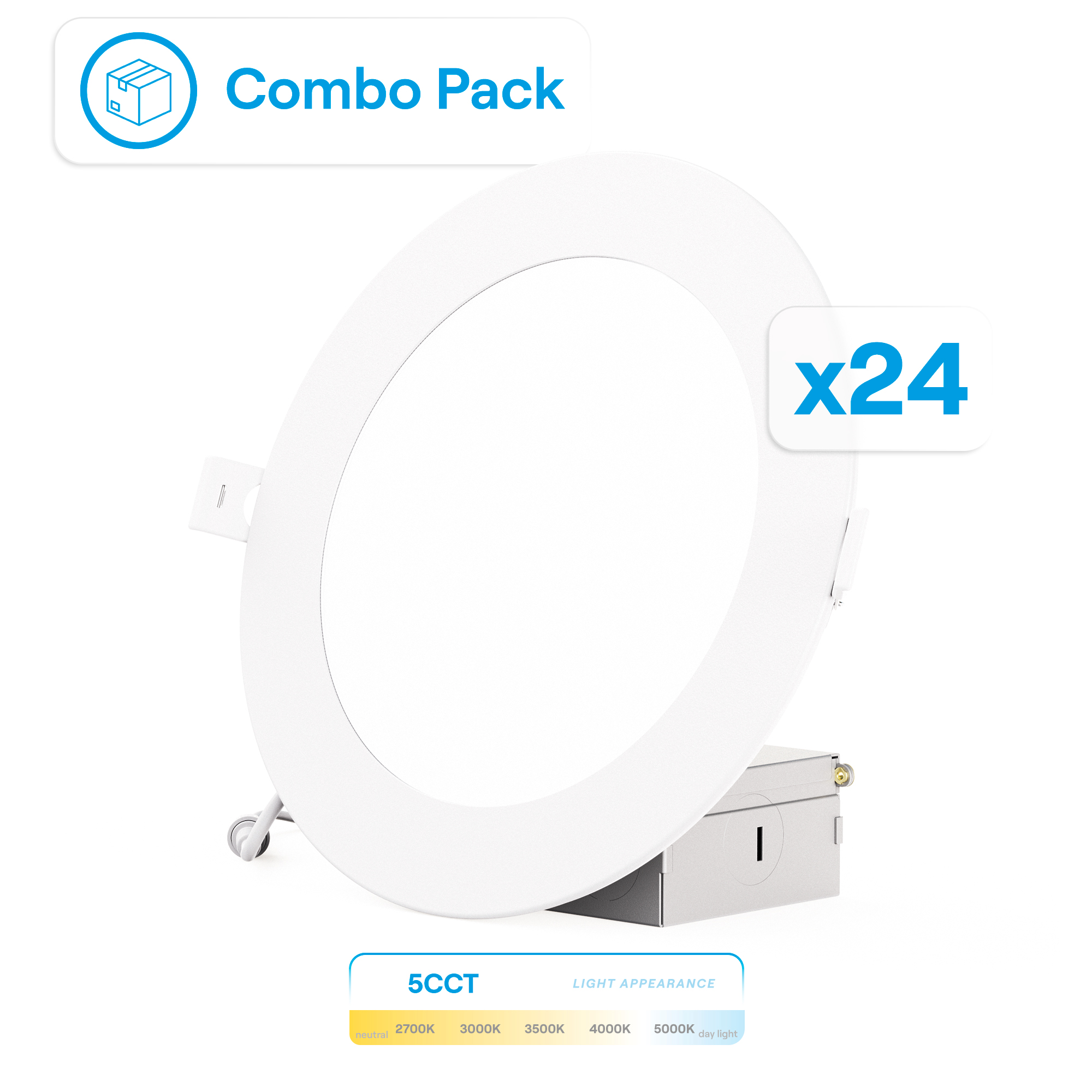 6 Inch 5CCT Selectable White New Construction 12 Watt 1200LM 0-10V Dimmable LED Light 120-277V (24 Pack)