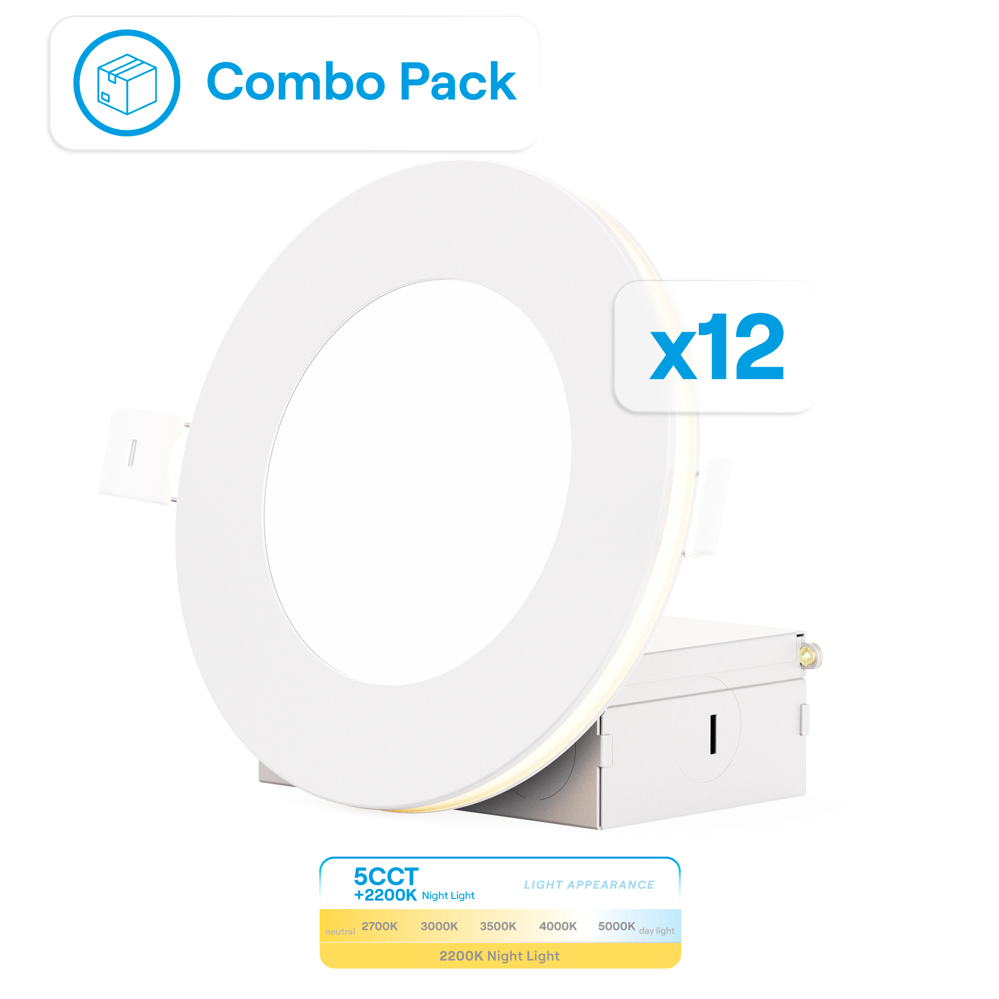 4 In Slim Recessed LED Downlight with Night Light 5CCT Selectable White New Construction 9 Watt 750LM Triac Dimmable 12 Pack