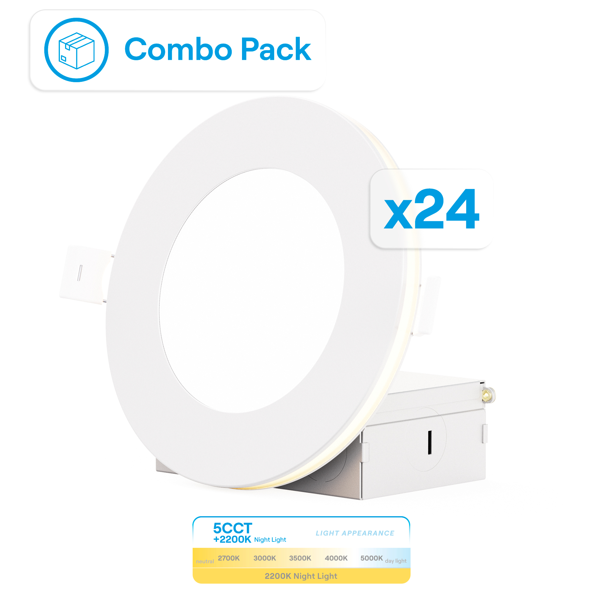 4 In Slim Recessed LED Downlight with Night Light 5CCT Selectable White New Construction 9 Watt 750LM Triac Dimmable 24 Pack