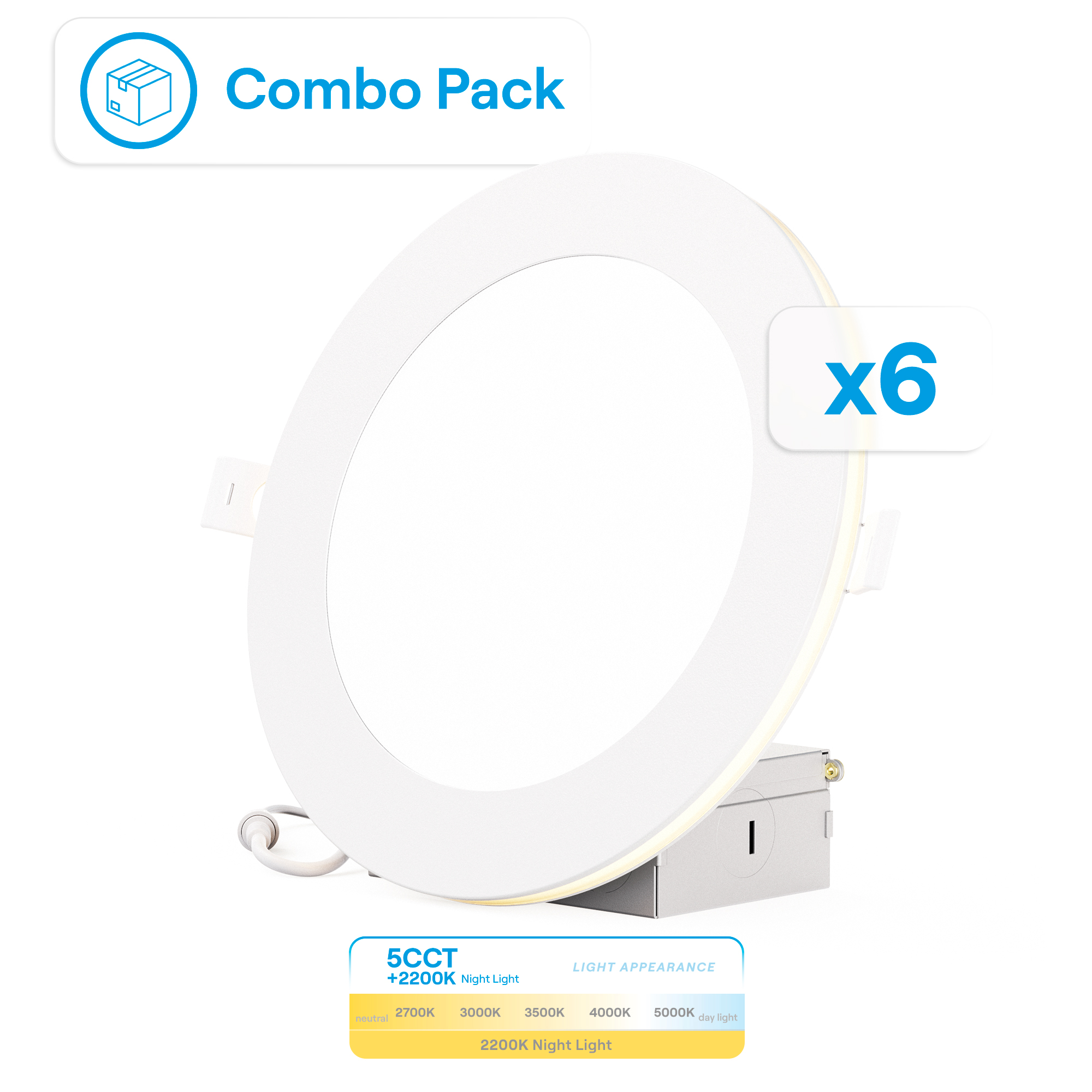 6 In Slim Recessed LED Downlight with Night Light 5CCT Selectable White New Construction 12 Watt 1050LM Triac Dimmable 12 Pack