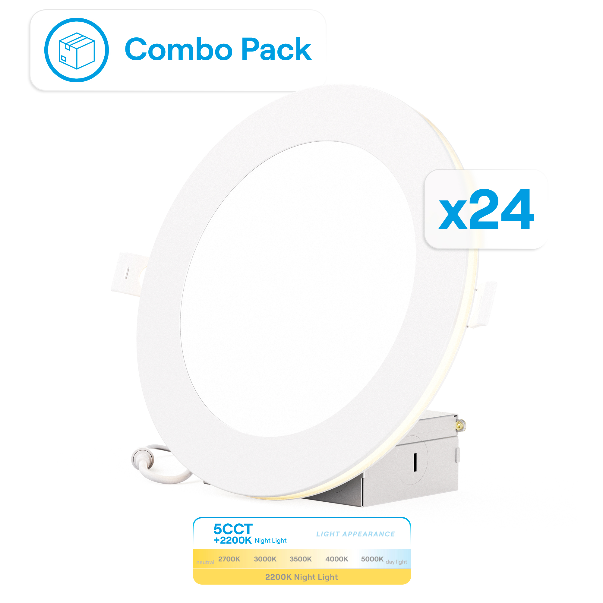 6 In Slim Recessed LED Downlight with Night Light 5CCT Selectable White New Construction 12 Watt 1050LM Triac Dimmable 24 Pack