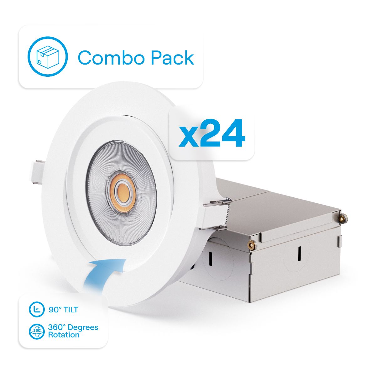 360 Degree Gimbal 4 Inch 5CCT Selectable White New Construction 12 Watt 1200LM Triac Dimmable LED Recessed Downllight 24 Pack
