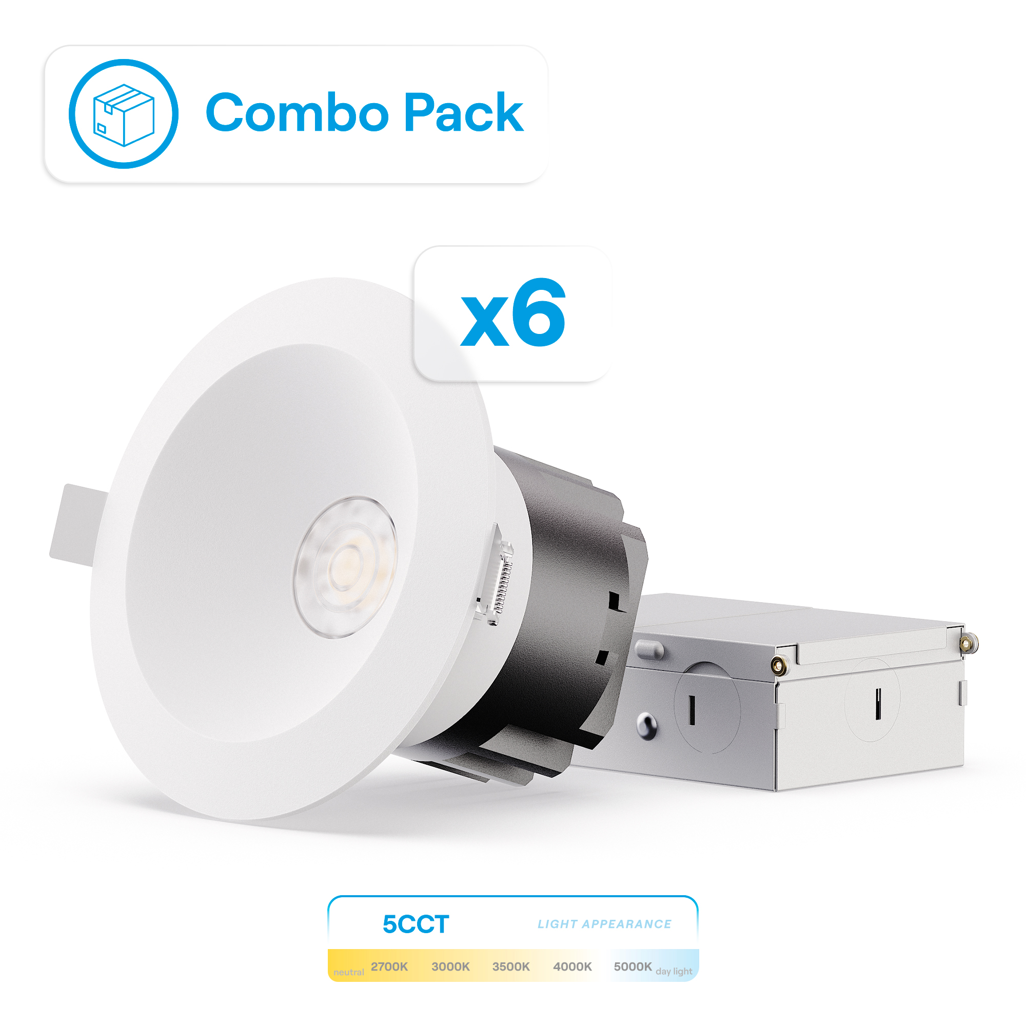 6 Inch Baffle Trim LED Downlight, 12W 1,200LM, 5CCT Selectable, White Trim, Wet Rated, 0-10V Dimmable, ETL, FCC, Energy Star, (6 Pack)