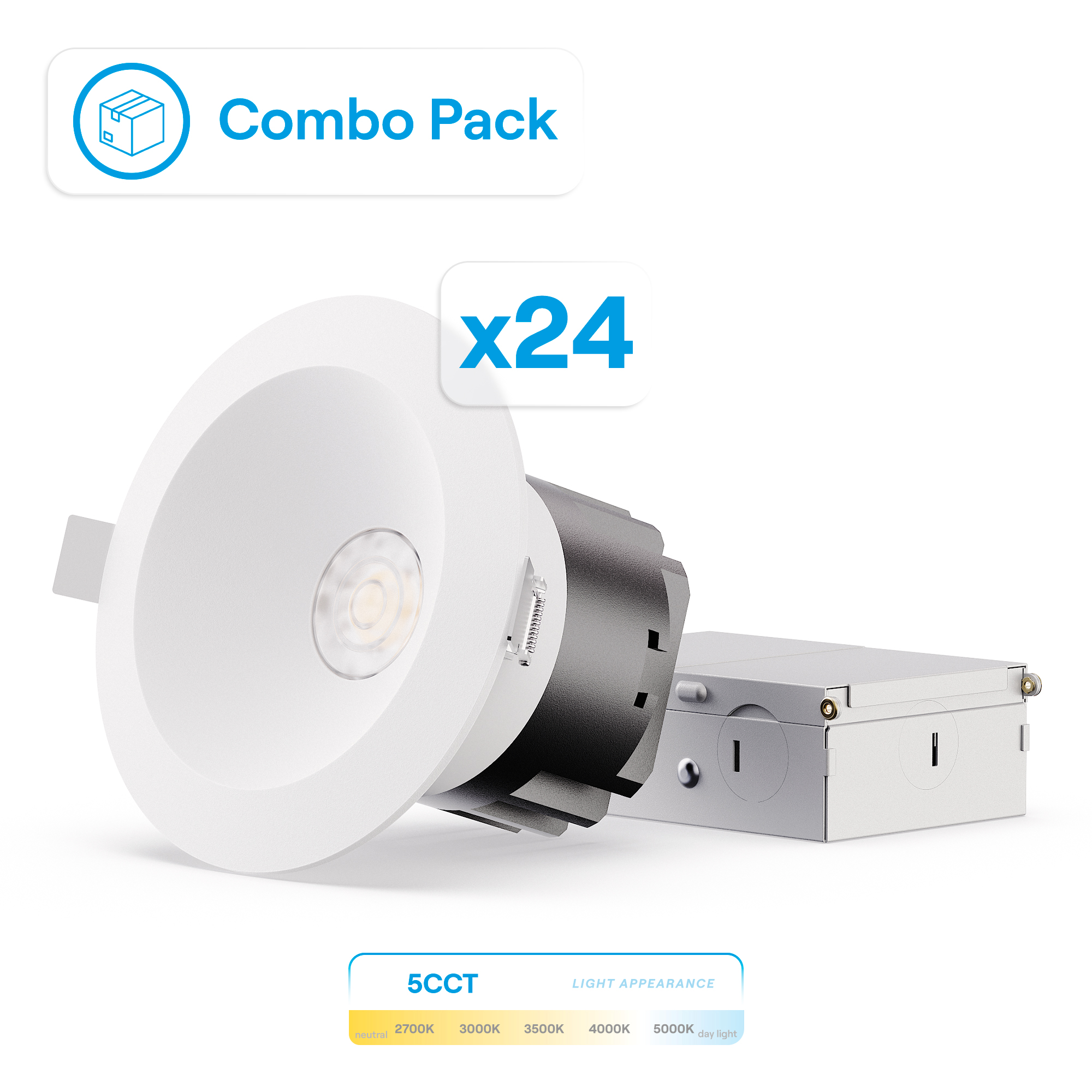 6 Inch Baffle Trim LED Downlight, 12W 1,200LM, 5CCT Selectable, White Trim, Wet Rated, Triac Dimmable, ETL, FCC, Energy Star, (24 Pack)