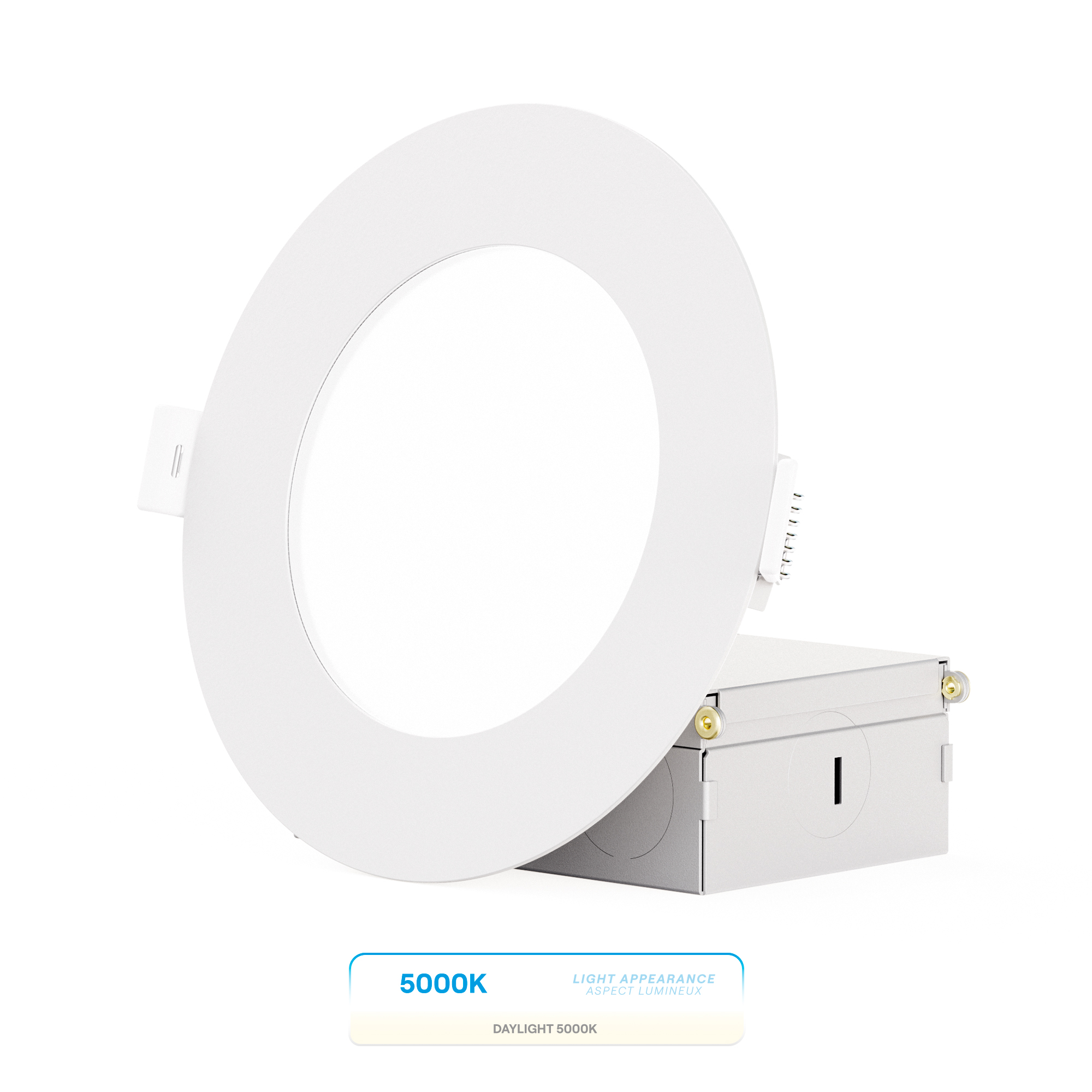 4 Inch 5000K Daylight White 9W 750 Lumens Ultra-Thin LED Recessed Ceiling Downlight with Junction Box, Flush Mount, Dimmable, Canless, Wet Rated, Easy Install, 75W Eqv, FCC, ETL & Energy Sta