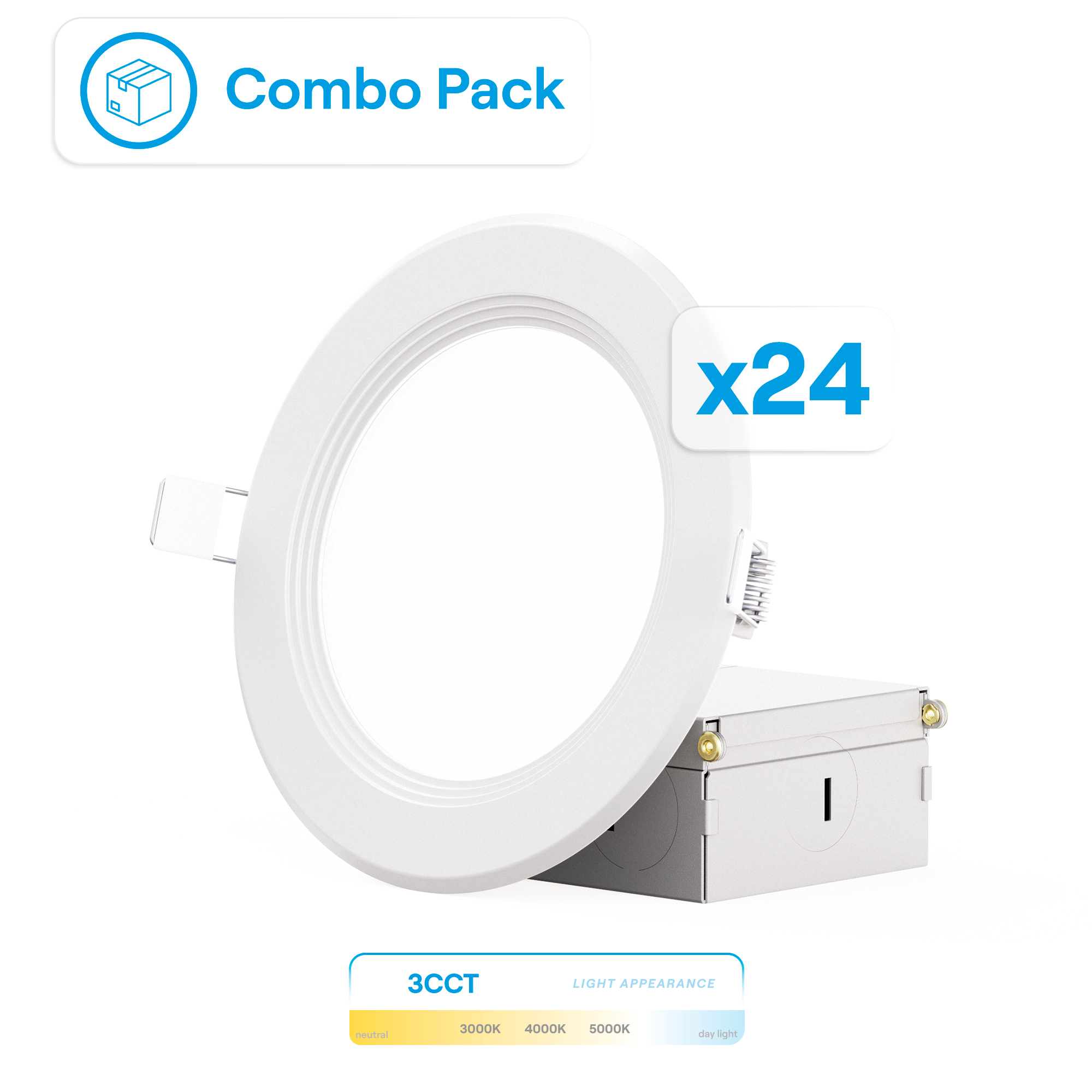 4 Inch Ultra-Thin Recessed LED Downlight, 9W 750LM, 3CCT Selectable, White Trim, Baffle Trim, Wet Rated, Triac Dimmable, ETL, FCC, Energy Star, (24 Pack)