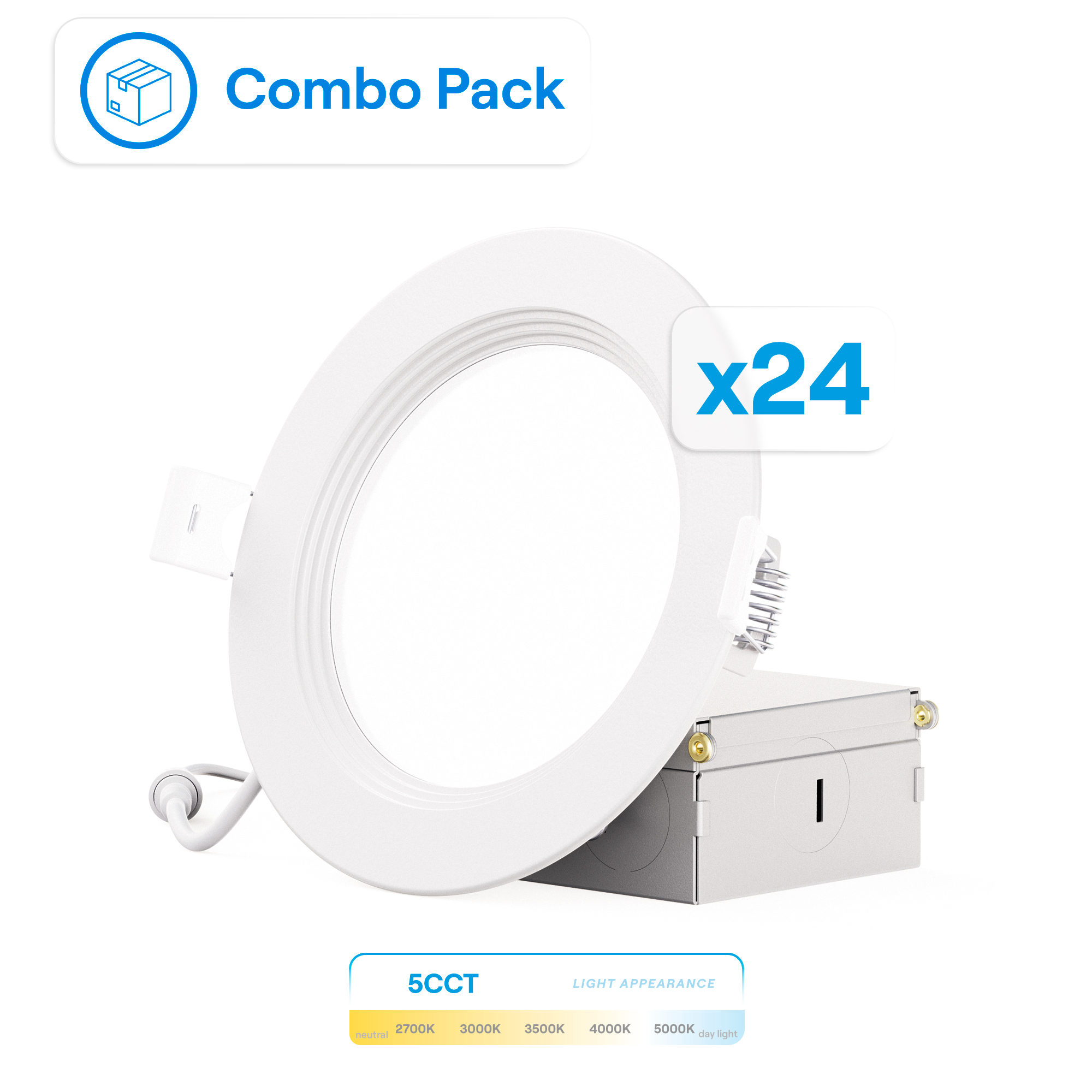 4 Inch Ultra-Thin Recessed LED Downlight, 9W 750LM, 5CCT Selectable, White Trim, Baffle Trim, Wet Rated, Triac Dimmable, ETL, FCC, Energy Star, (24 Pack)
