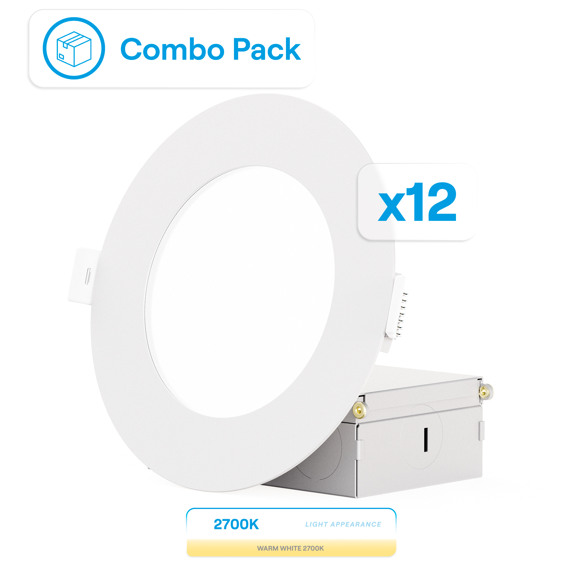 4 Inch Ultra-Thin Recessed LED Downlight, 9W 750LM, 2700K Soft White, White Trim, Wet Rated, Triac Dimmable, ETL, FCC, Energy Star, (12 Pack)