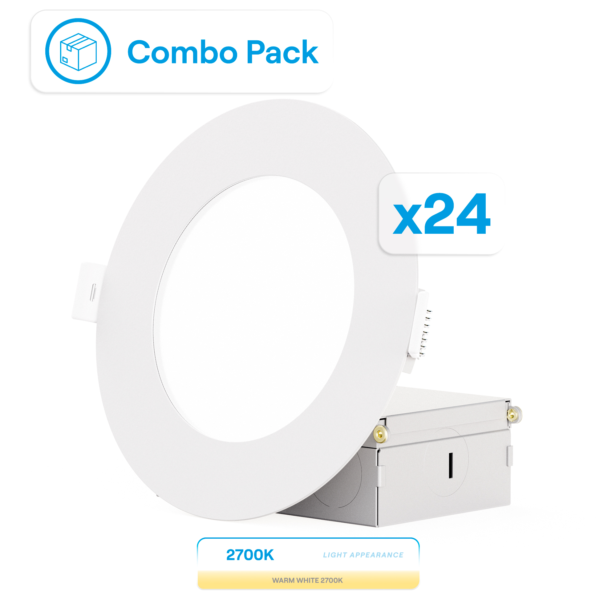 4 Inch Ultra-Thin Recessed LED Downlight, 9W 750LM, 2700K Soft White, White Trim, Wet Rated, Triac Dimmable, ETL, FCC, Energy Star, (24 Pack)