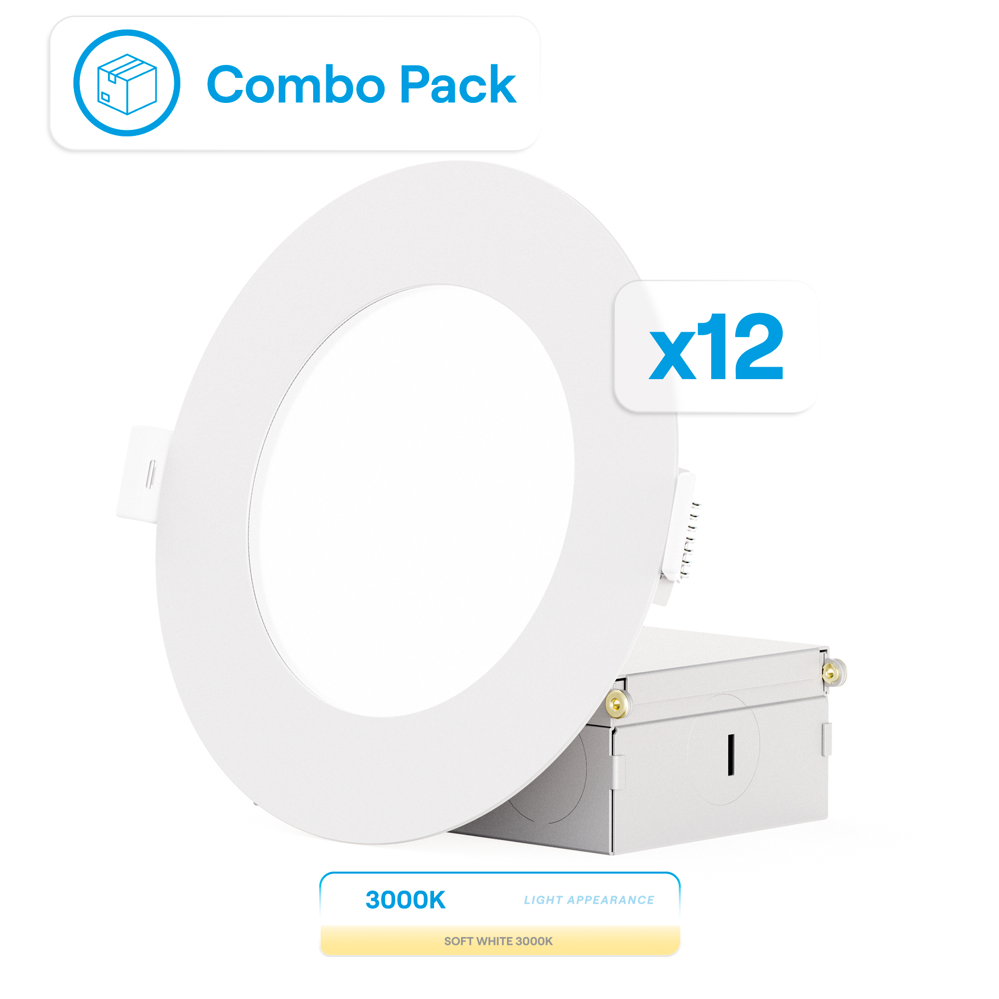 4 Inch Ultra-Thin Recessed LED Downlight, 9W 750LM, 3000K Warm White, White Trim, Wet Rated, Triac Dimmable, ETL, FCC, Energy Star, (12 Pack)