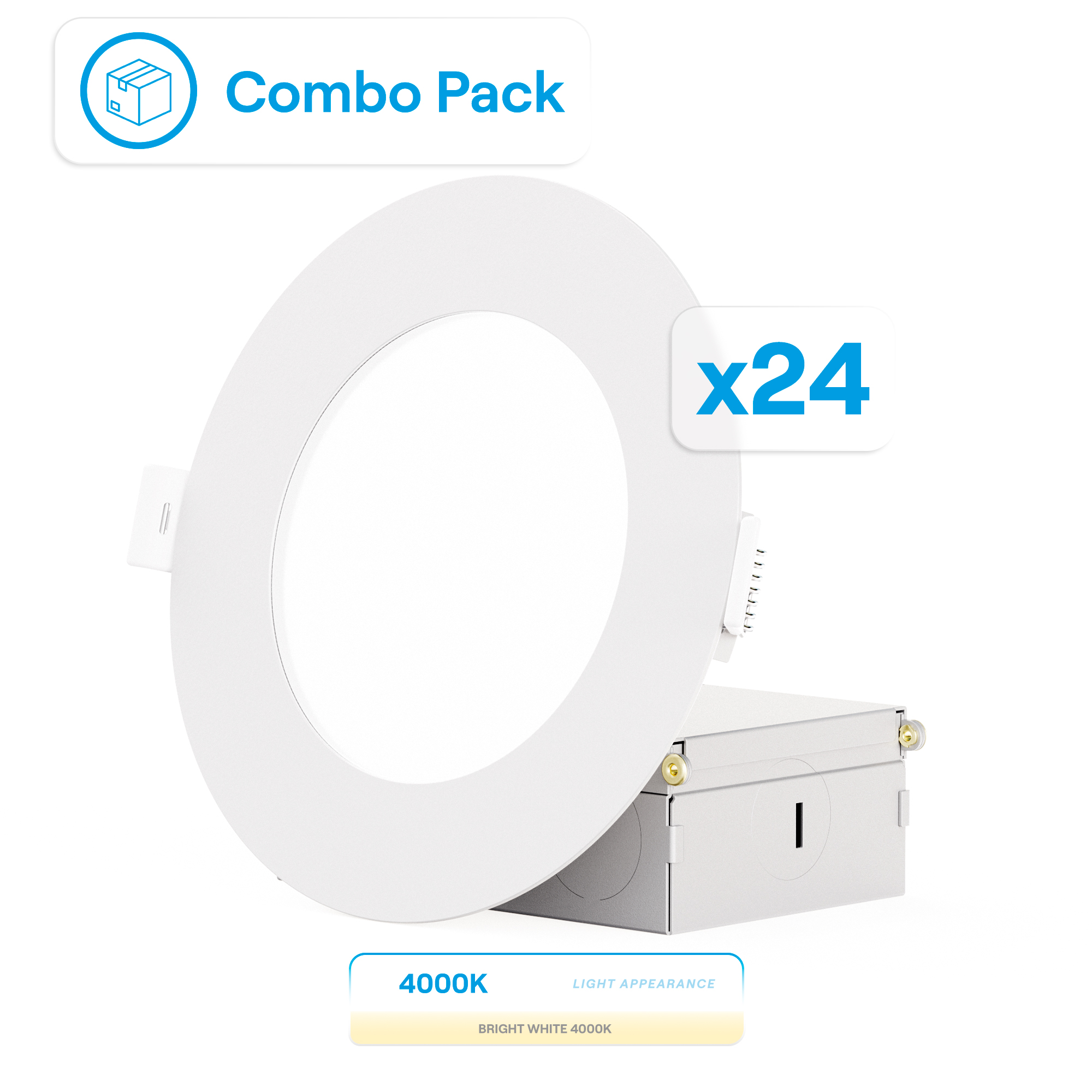 4 Inch Ultra-Thin Recessed LED Downlight, 9W 750LM, 4000K Cool White, White Trim, Wet Rated, Triac Dimmable, ETL, FCC, Energy Star, (24 Pack)
